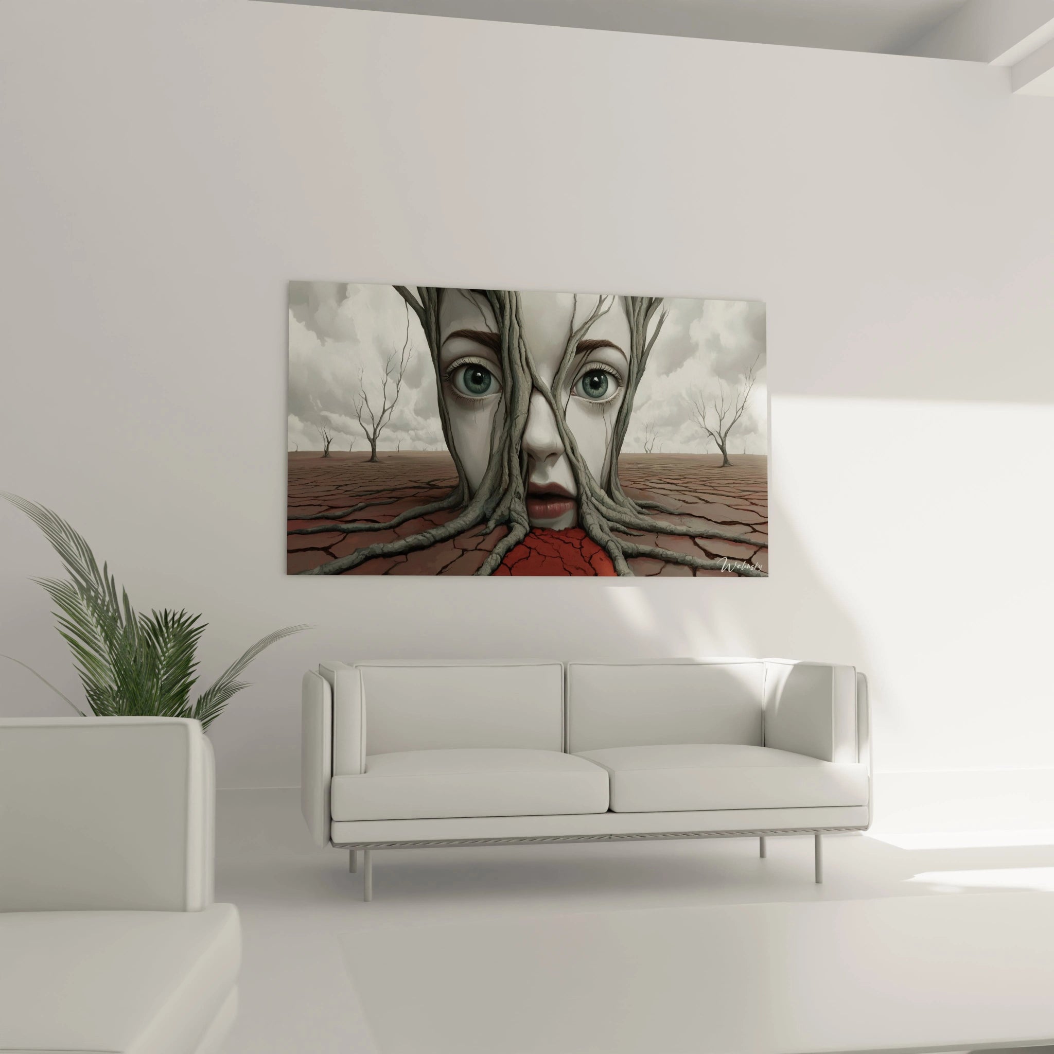 Tableau surréalisme abstrait mettant en avant des yeux humains entourés de racines détaillées, sur un paysage de terre rouge craquelée et de nuages gris doux.