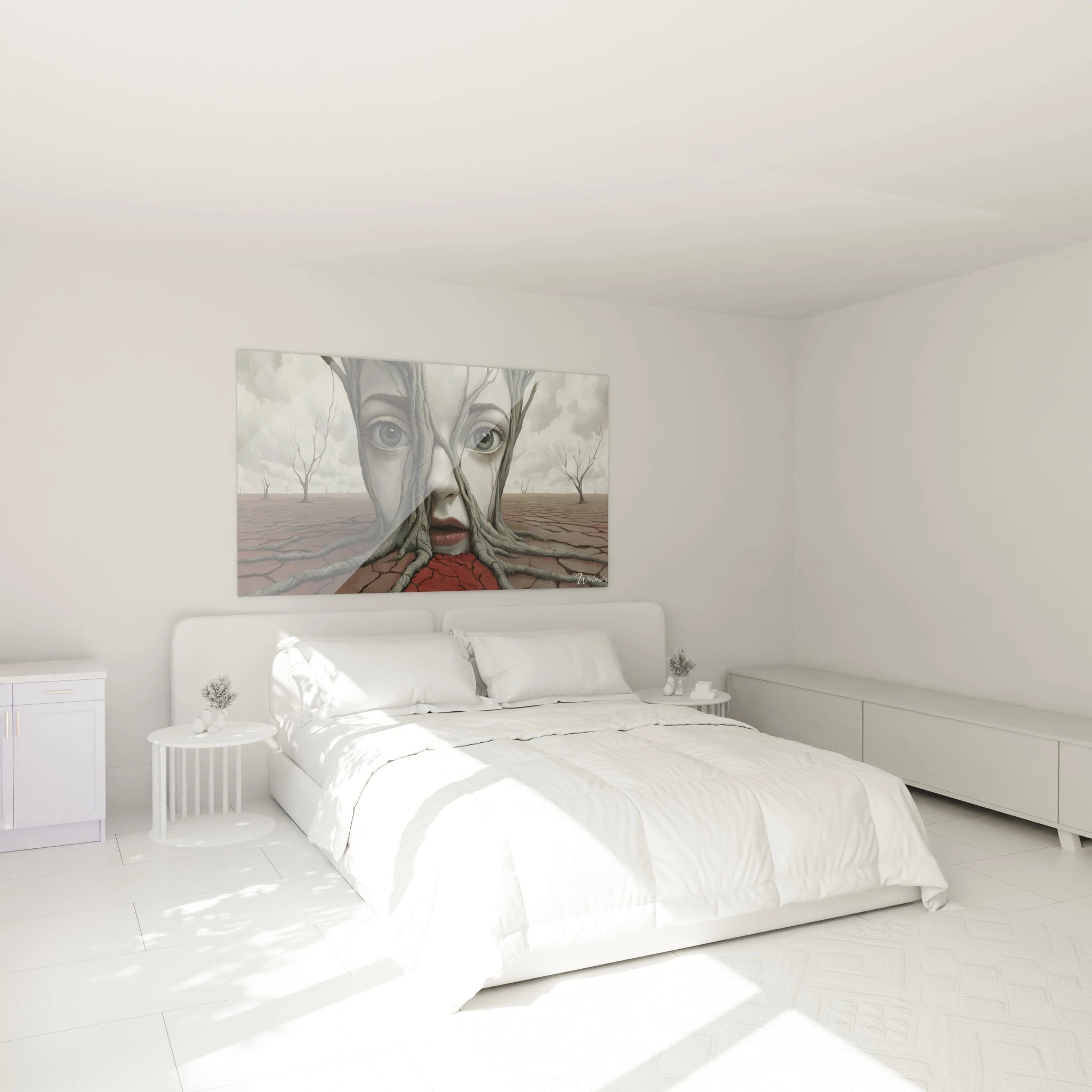 Un tableau surréalisme abstrait montrant des racines fusionnant avec un visage, sur un arrière-plan nuageux en gris et blanc, et un sol aux teintes rouges fissurées.