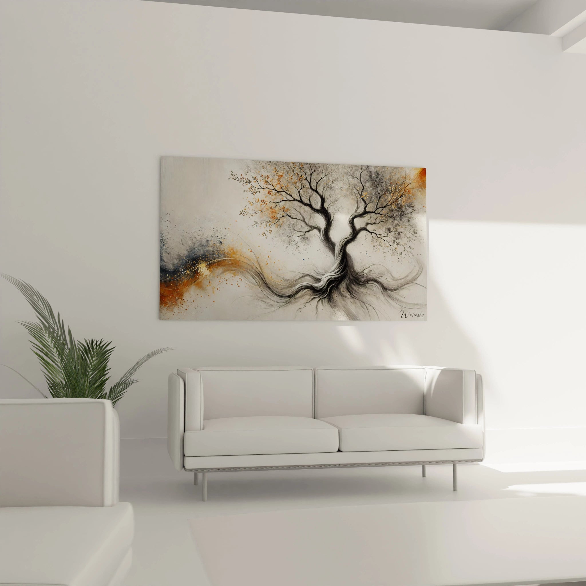 Le tableau Arbre de Vie, accroche au-dessus du canape, devient la piece maitresse du salon, capturant le regard avec son melange d'energie et de serenite naturelle.