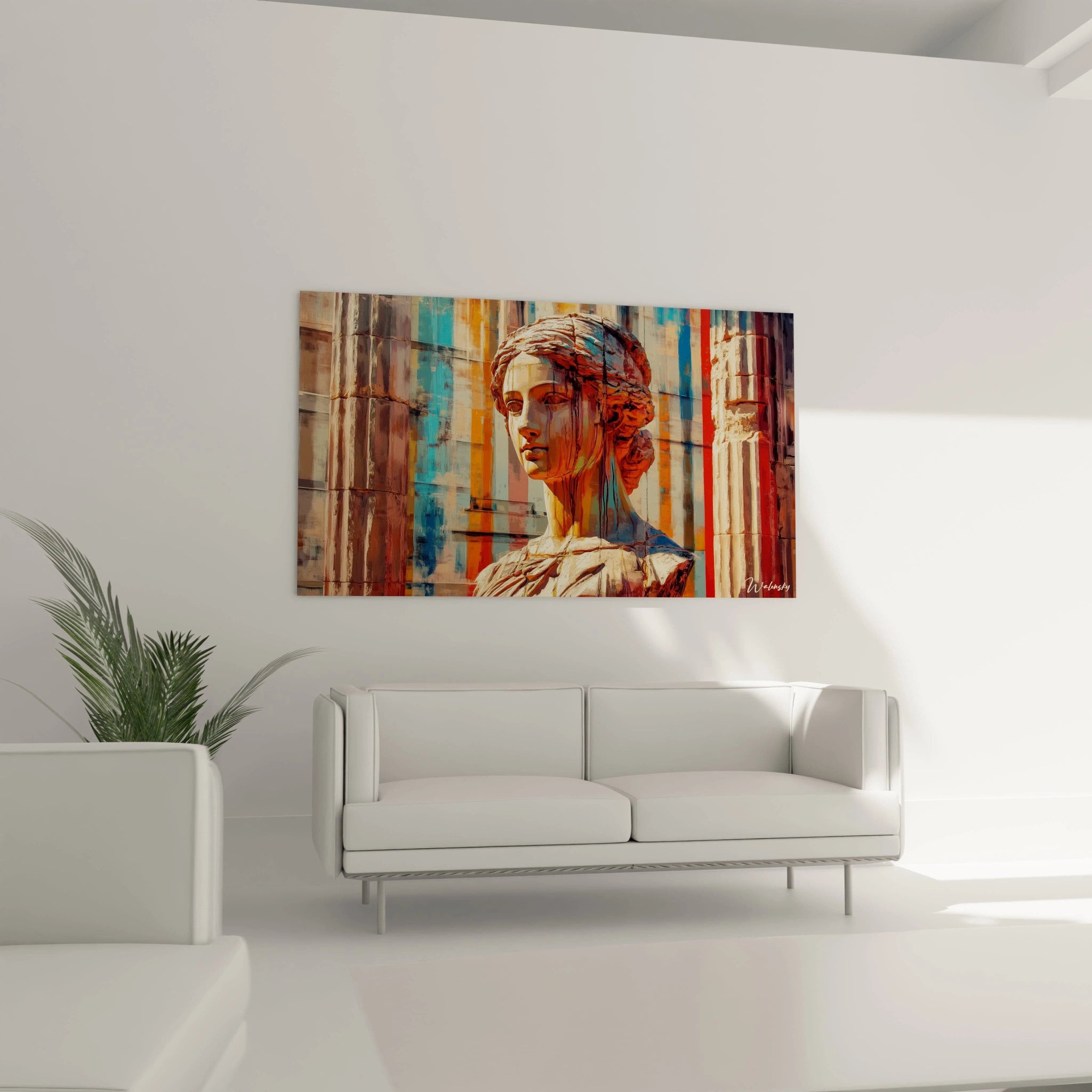 Tableau peinture contemporaine abstrait montrant une figure féminine sculptée, des colonnes texturées, et des éclats de couleurs vibrantes comme l’orange, le bleu et le beige.