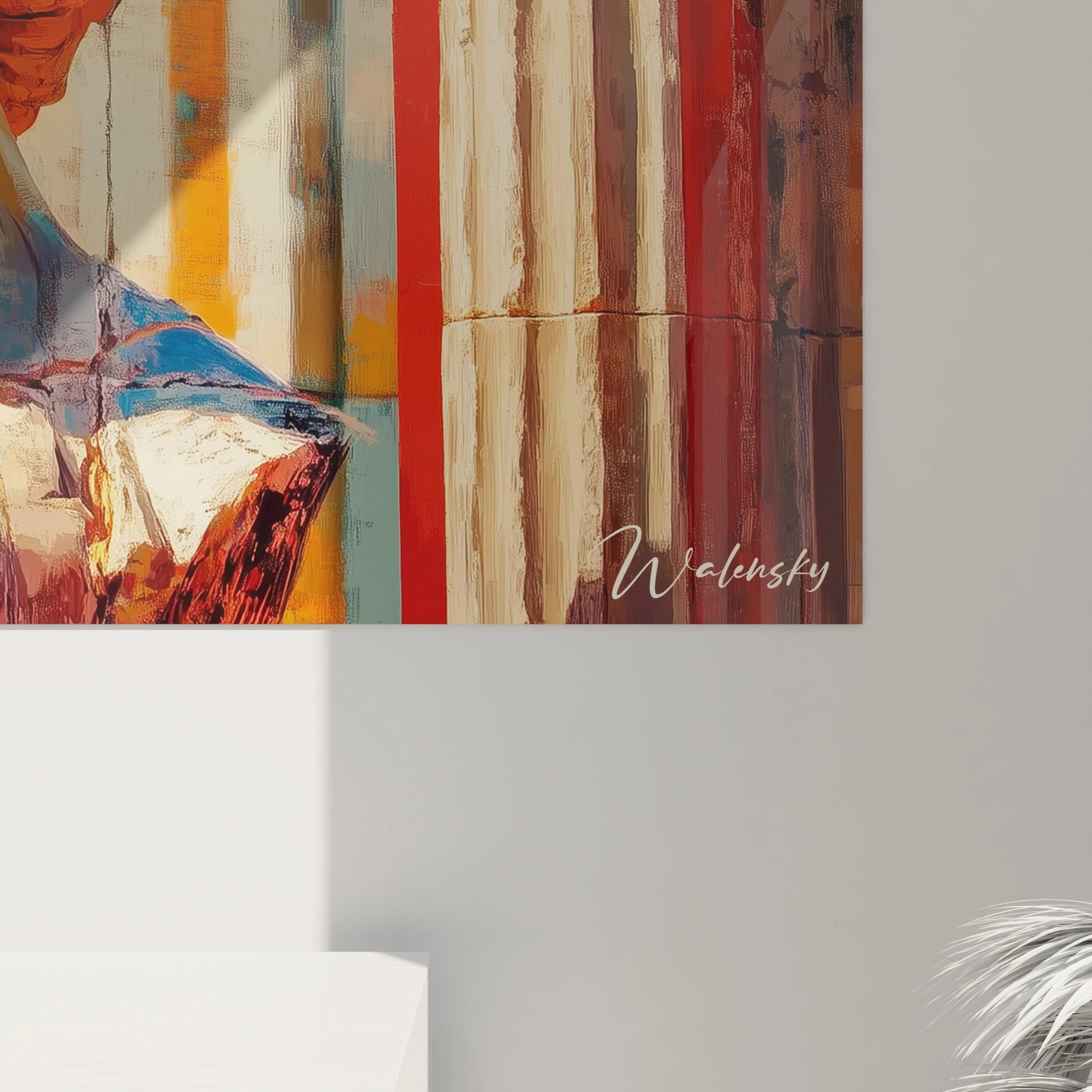 Un tableau peinture contemporaine abstrait mettant en avant une sculpture féminine et des colonnes classiques, avec des teintes orange, beige et bleu et des effets visuels de superposition colorée.
