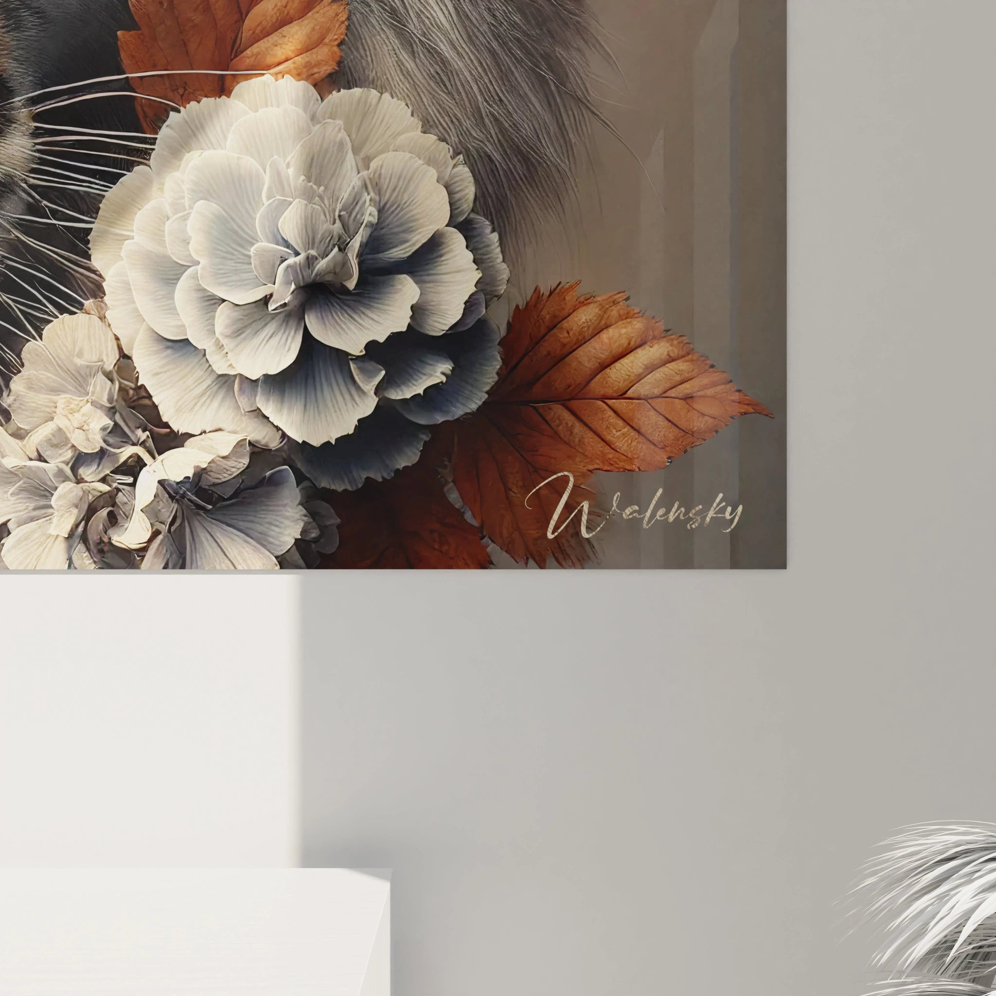 Vue de près, ce tableau tigre révèle une finesse de détails remarquable. Le regard perçant du tigre et les contrastes floraux capturent l'essence de la nature sauvage et élégante dans une œuvre saisissante.