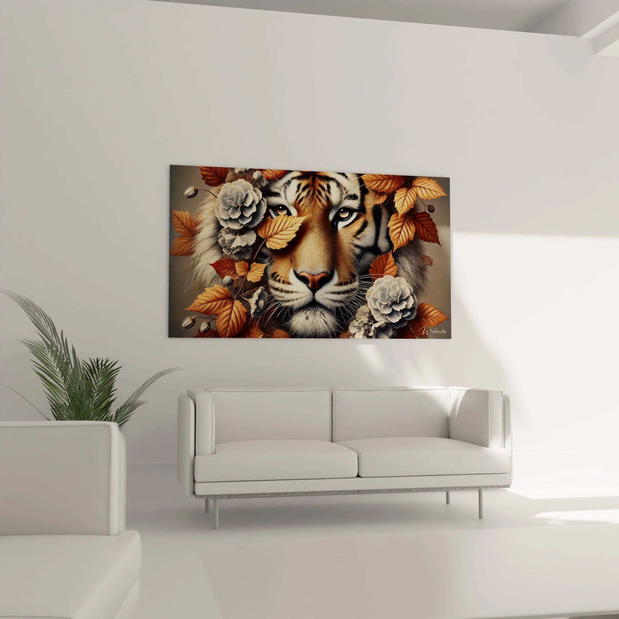 Parfaitement intégré dans un salon au-dessus du canapé, ce tableau tigre apporte une force tranquille à votre décoration. Sa palette chaleureuse et ses détails captivent et embellissent l'espace.