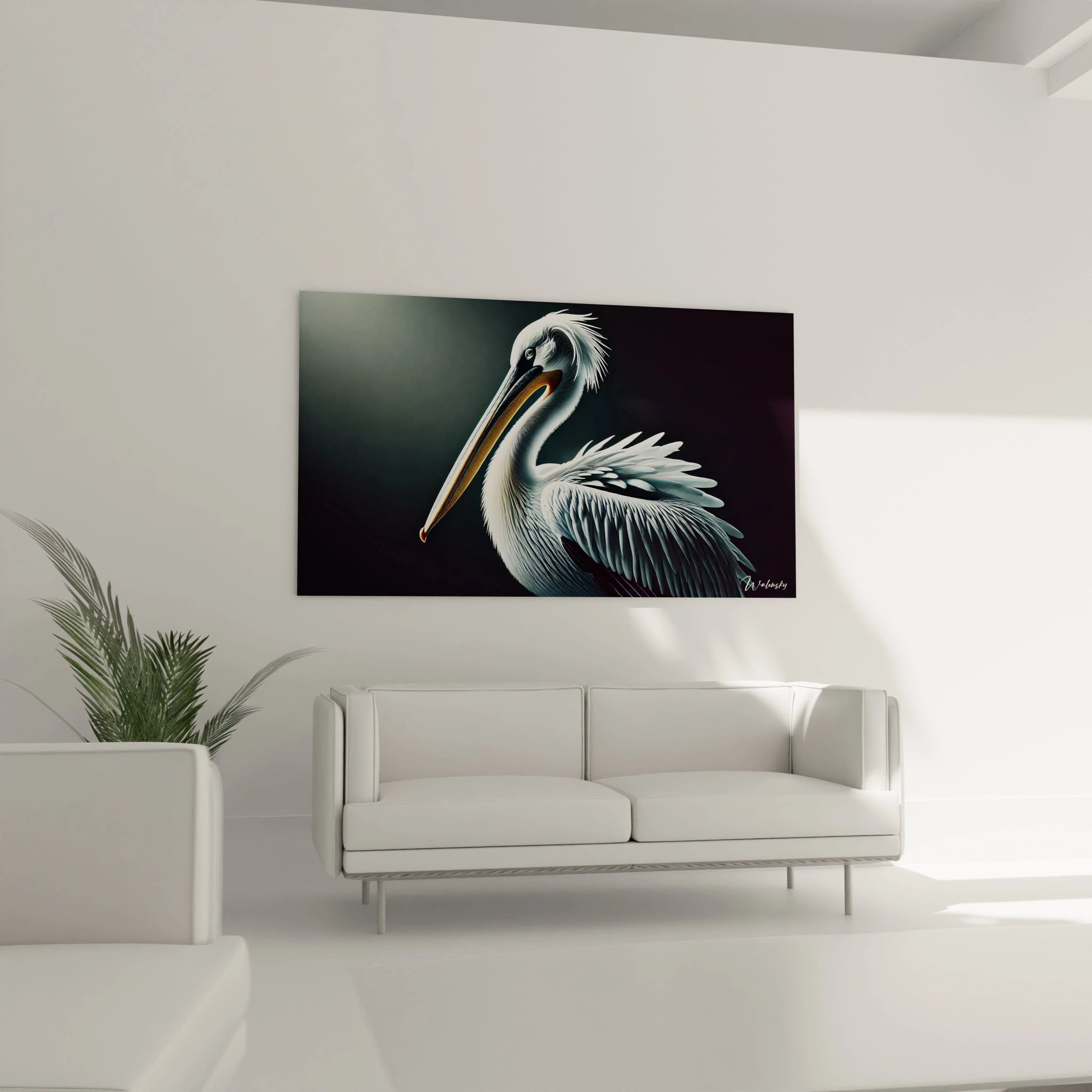 tableau pelican au dessus d un canape il attire tous les regards son realisme et ses details minutieux apportent une harmonie naturelle a votre salon tout en sublimant votre interieur