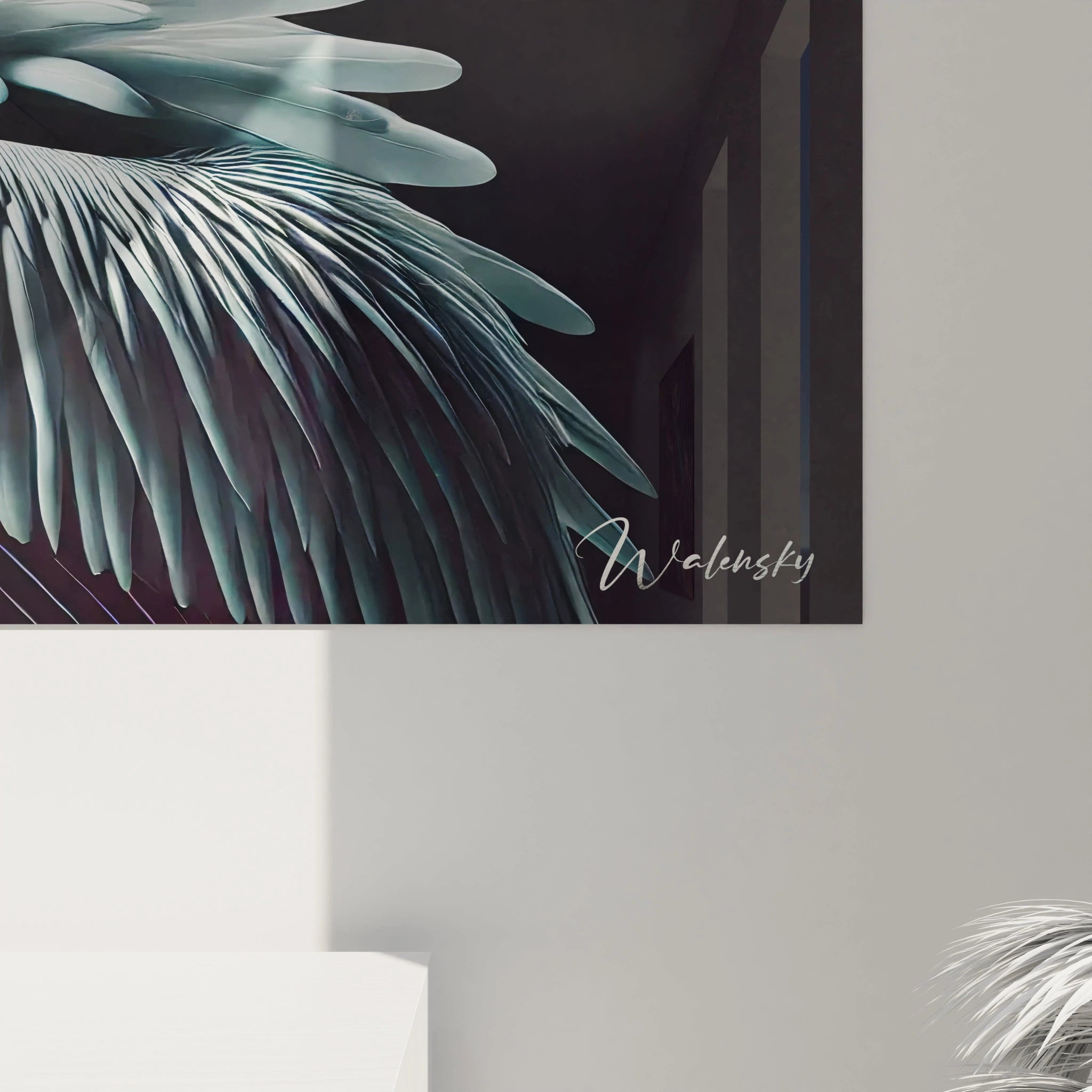 vue rapprochee du tableau pelican chaque detail des plumes semble presque palpable le contraste des couleurs blanc noir et jaune ajoute profondeur et elegance a cette oeuvre