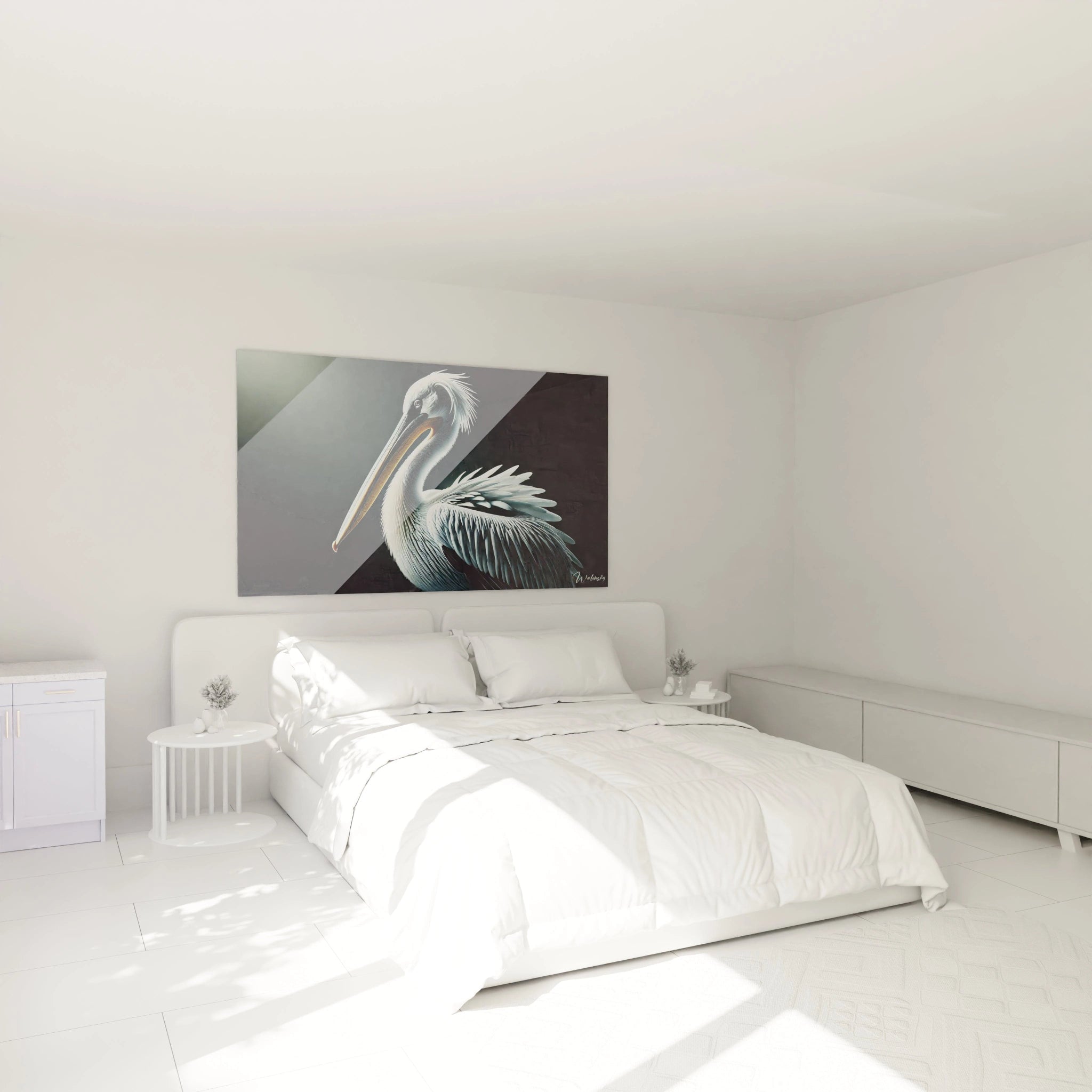tableau pelican au dessus d un lit dans une chambre il apporte une touche de serenite les contrastes subtils de ses plumes et couleurs minimalistes creent une ambiance reposante et elegante