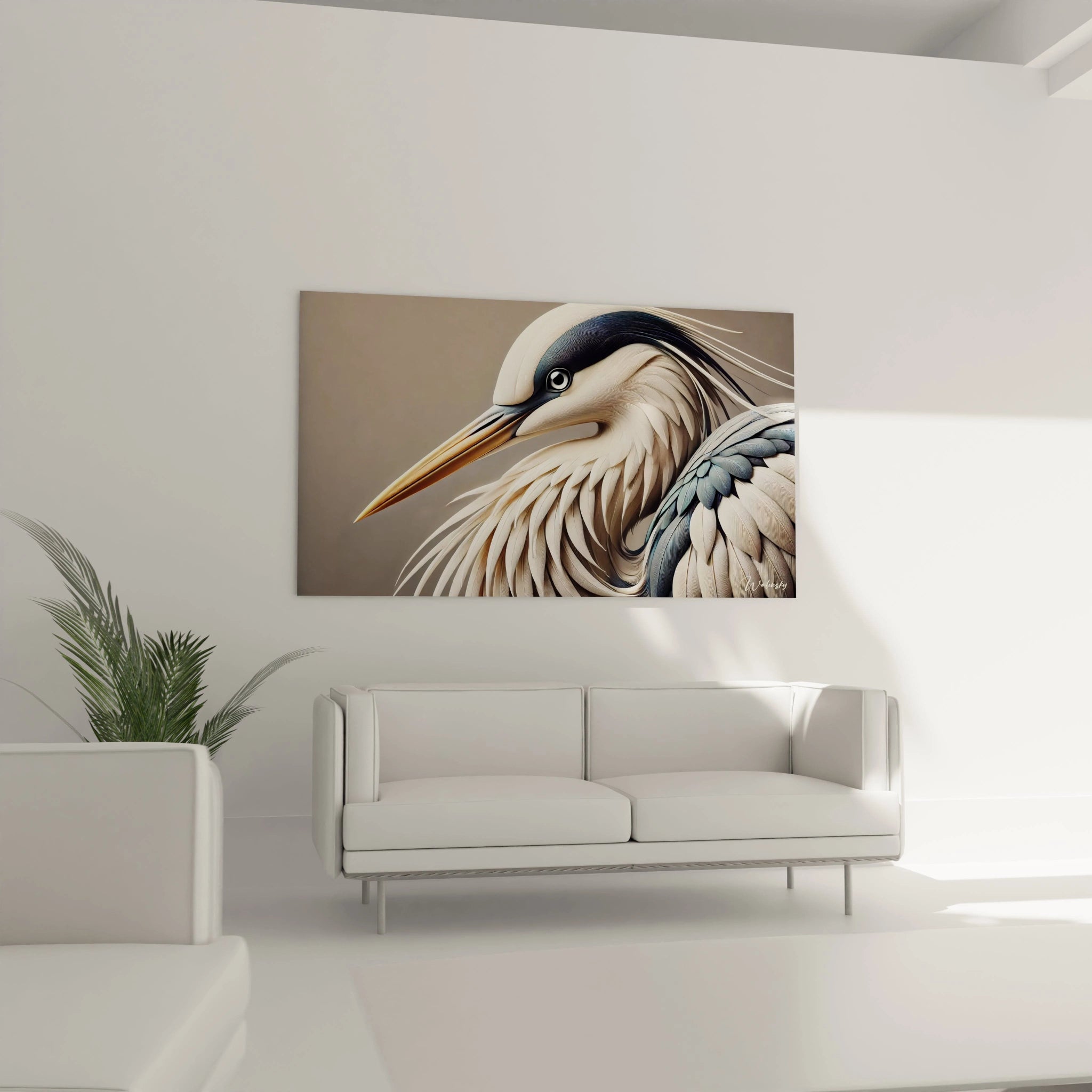 tableau heron accroche dans le salon au-dessus du canape avec ses nuances terreuses et touches bleues ajoutant profondeur et sophistication a un interieur contemporain ou minimaliste