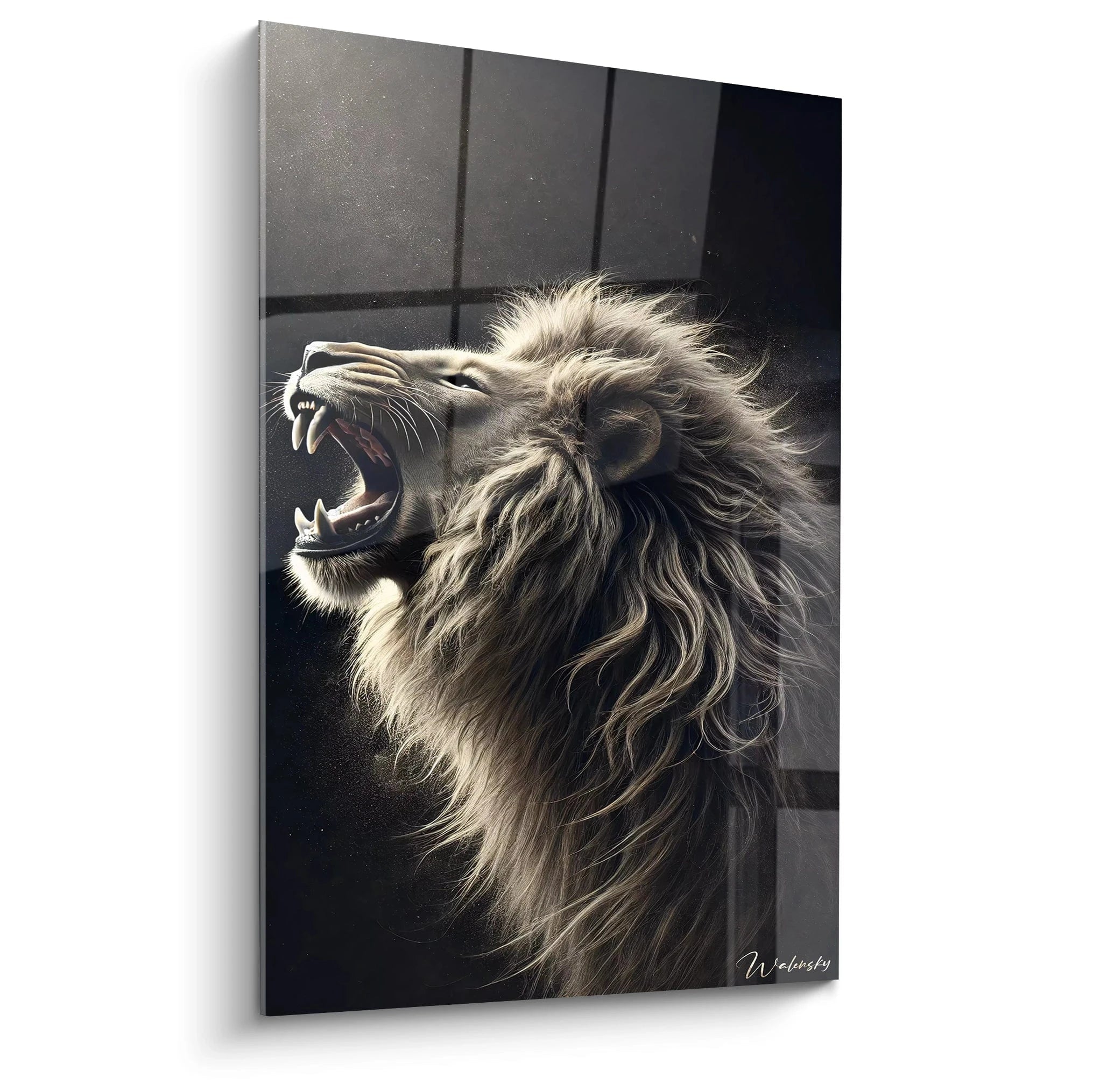 Ce tableau lion capturé en vue de biais dévoile toute la majesté de l'animal. Chaque détail de sa crinière texturée et de son rugissement est mis en valeur, idéal pour sublimer un intérieur moderne.