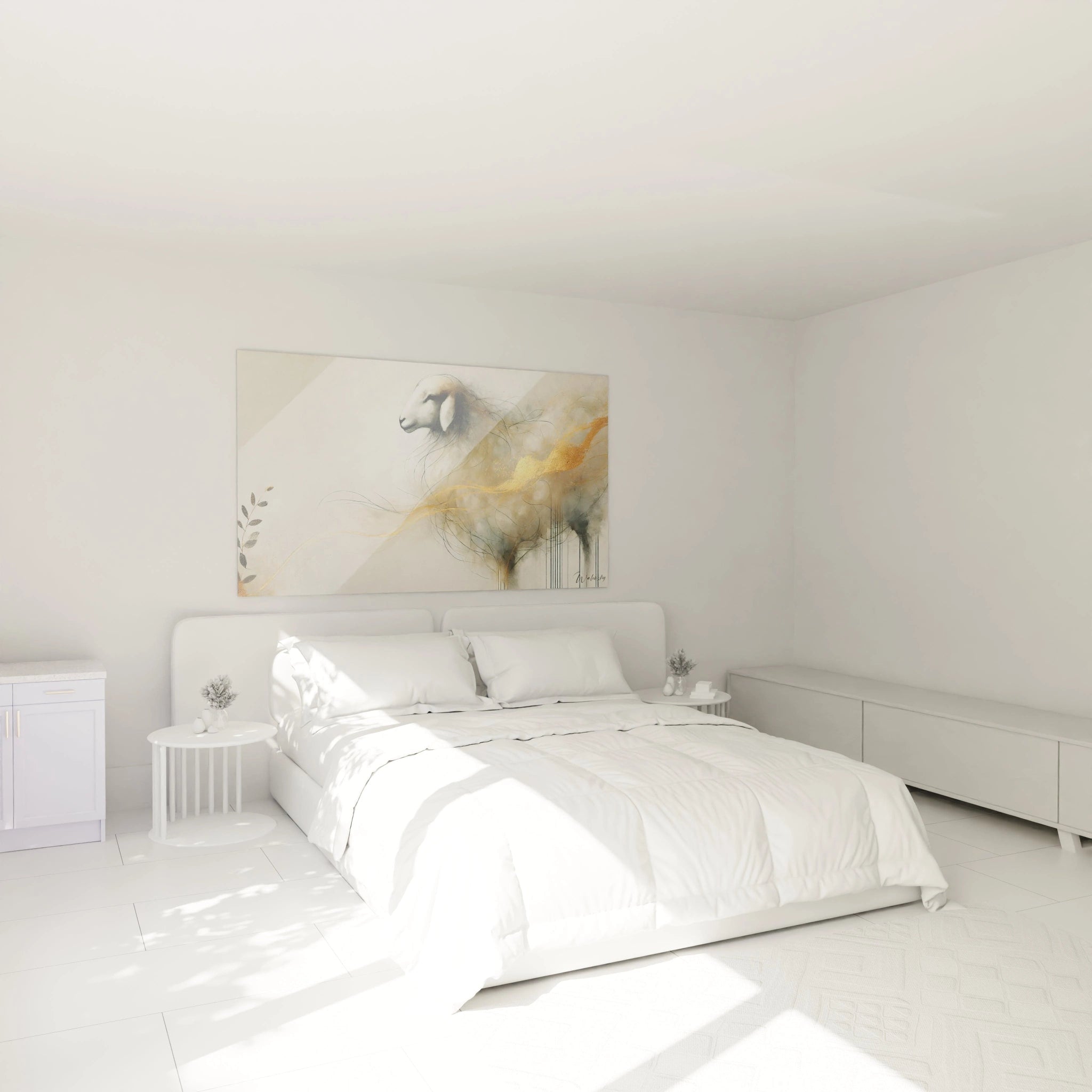 decouvrez ce tableau mouton accroche au dessus du lit dans une chambre sereine. Les couleurs blanc, or et beige apportent une touche de douceur et de purete a votre espace interieur