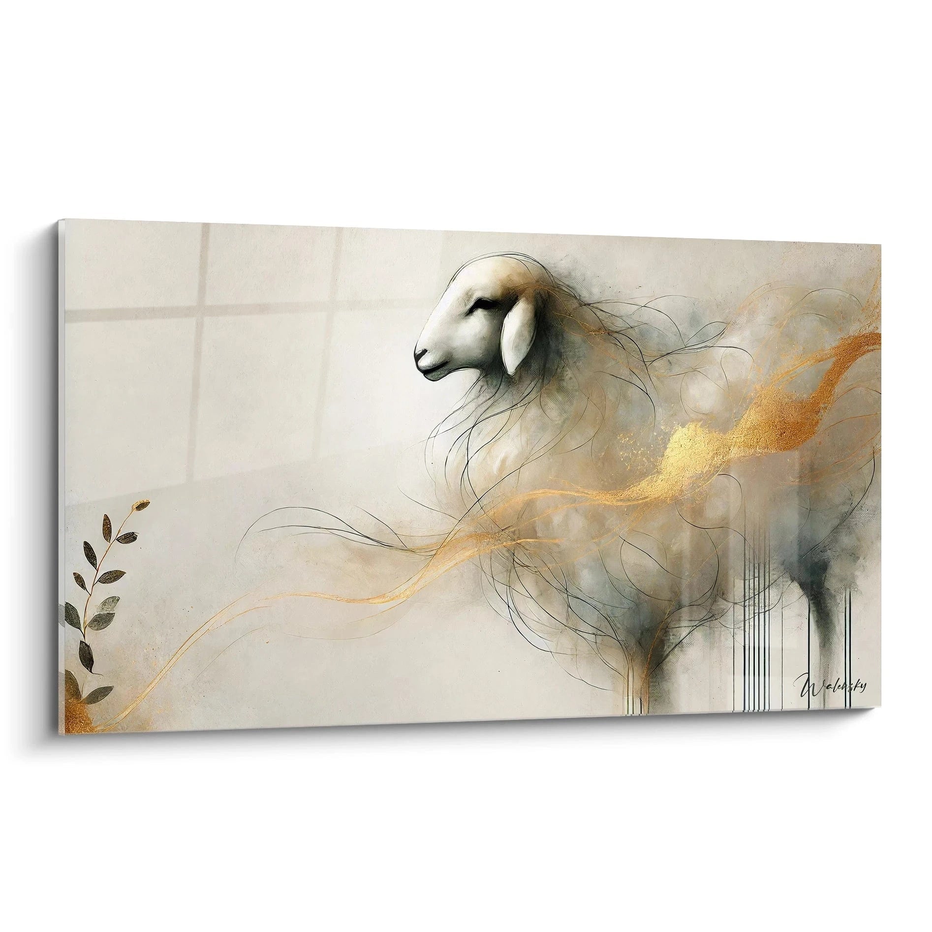 tableau mouton vu de biais capturant la douceur et la spiritualite de l animal. Sa laine flottante et l arriere plan dore creent un effet lumineux et tridimensionnel. Une oeuvre contemporaine et unique