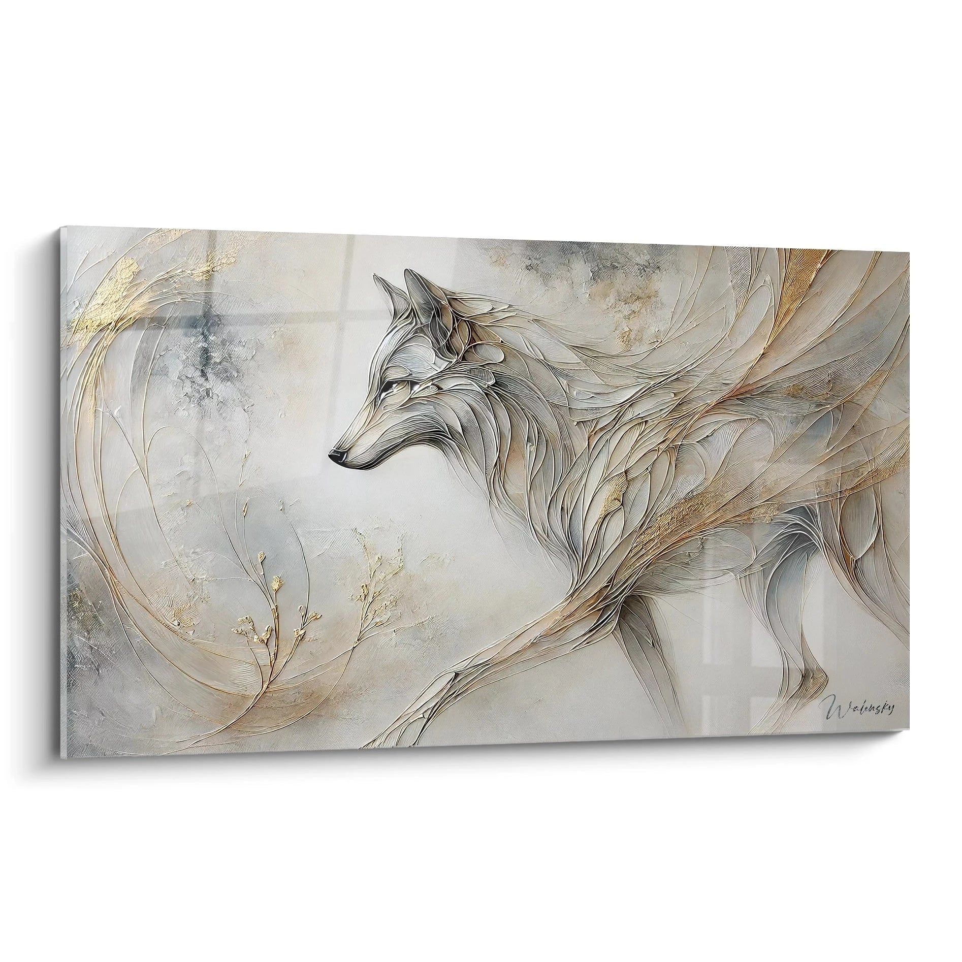 tableau loup vue de biais elegant et raffine ideal pour une deco moderne grace naturelle et dynamisme capture dans un style abstrait et sophistique touches dorees pour une ambiance luxueuse