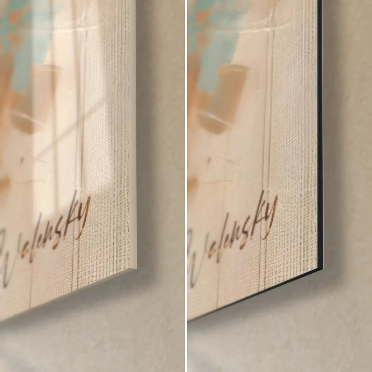 Wall art white horse with dark hooves, bottom right corner: glossy glass with reflections on the left, matte beige Dibond aluminium on the right