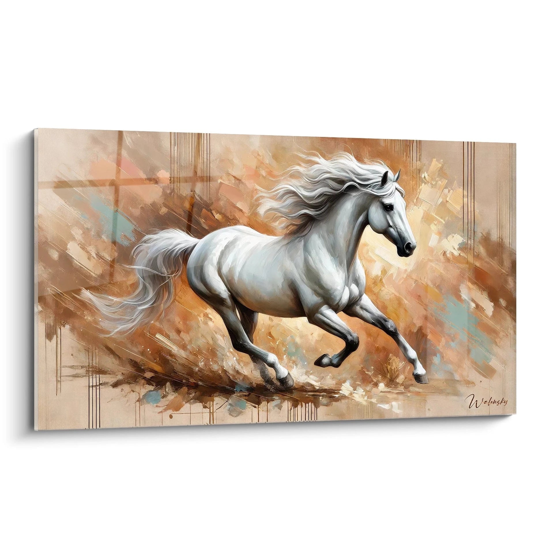 Ce tableau cheval vu de biais capture la puissance et la liberté du cheval en plein galop. Les couleurs vives et les coups de pinceau dynamiques ajoutent profondeur et mouvement, parfait pour les amateurs d'art équestre.