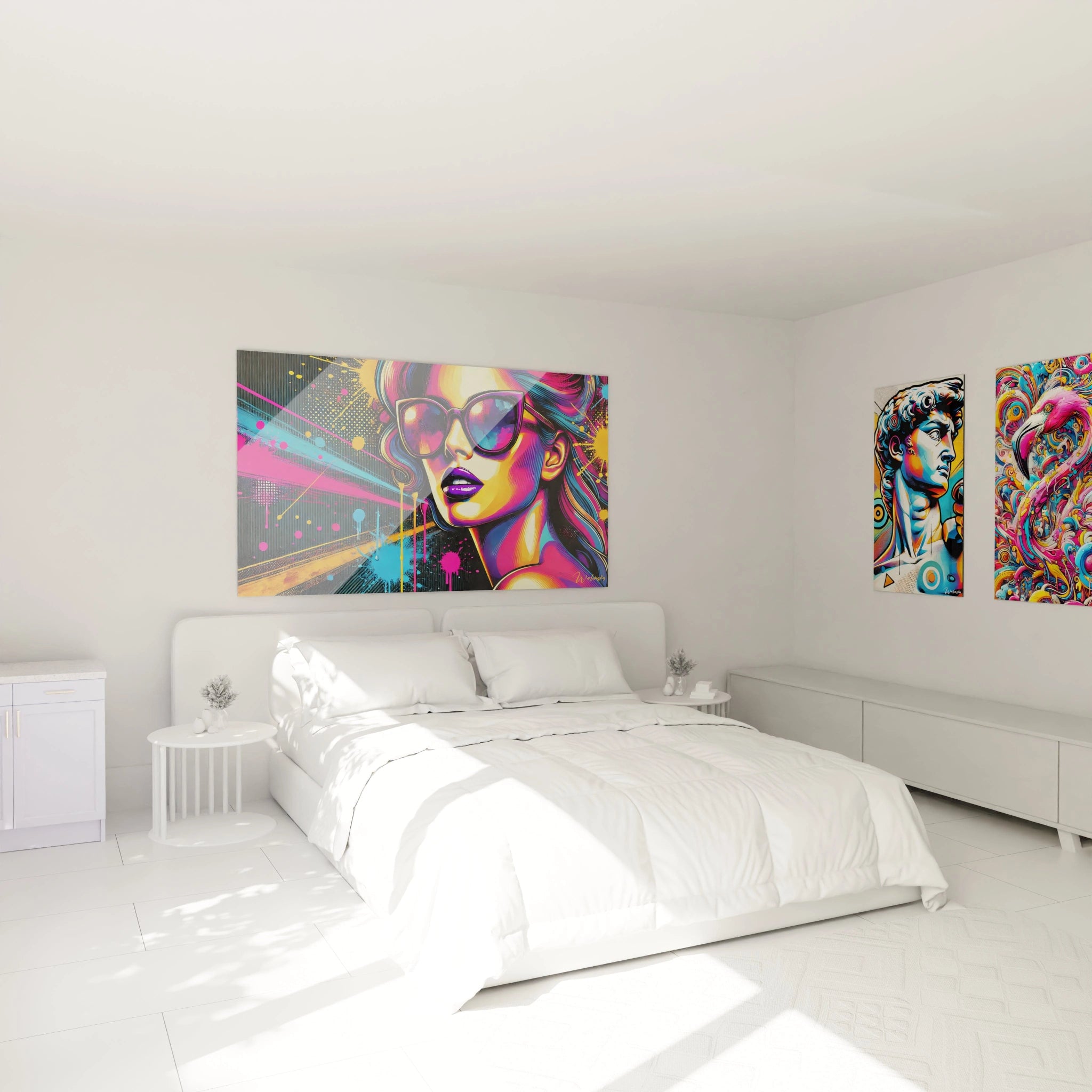 Tableau pop art éclatant accroché dans une chambre. Effet glamour et moderne grâce aux nuances néon et motifs abstraits. Ajoute une touche artistique audacieuse à l'espace.