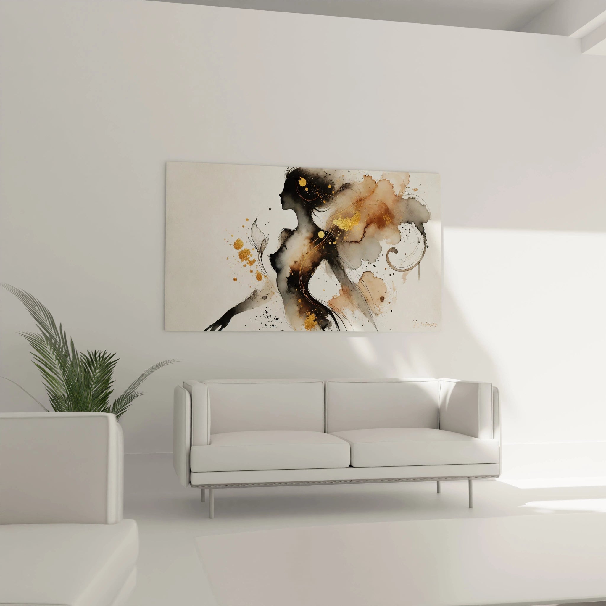 Tableau abstrait de silhouette féminine, noir et nuances terreuses, ajoutant une touche sophistiquée au salon. Idéal au-dessus d’un canapé pour un effet élégant.