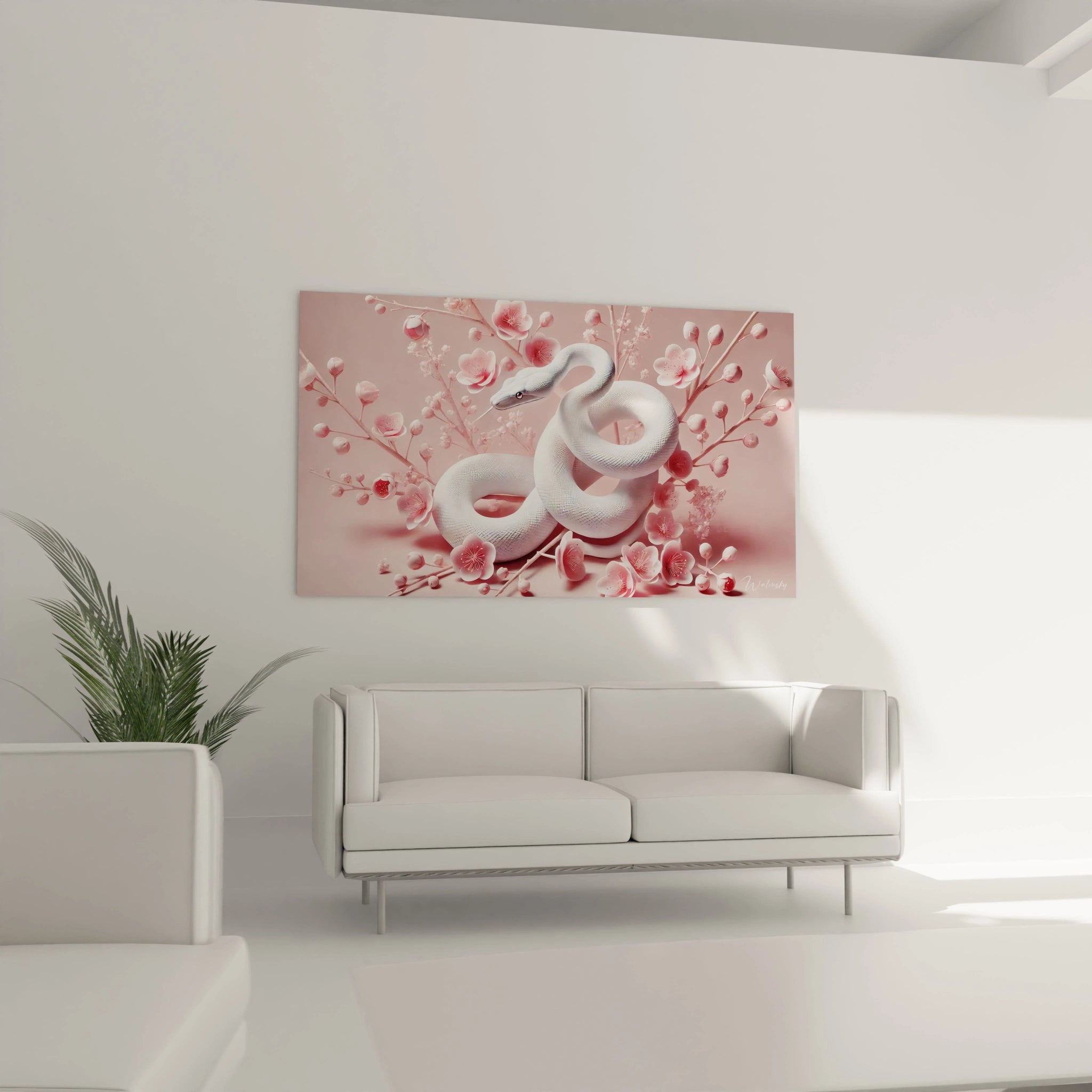 tableau serpent dans votre salon pour une decoration originale. Le serpent blanc et les fleurs roses ajoutent une touche de douceur et d'elegance a votre interieur, parfait pour un espace apaisant.