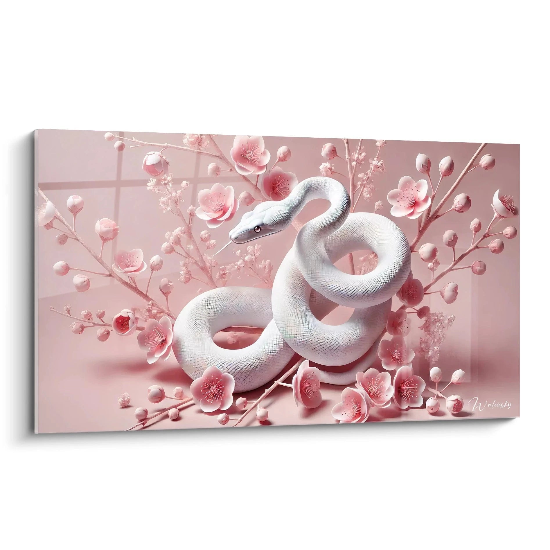 tableau serpent elegant avec un serpent blanc entoure de fleurs roses sur un fond doux. Le contraste subtil cree une atmosphere apaisante parfaite pour une decoration moderne et poetique.