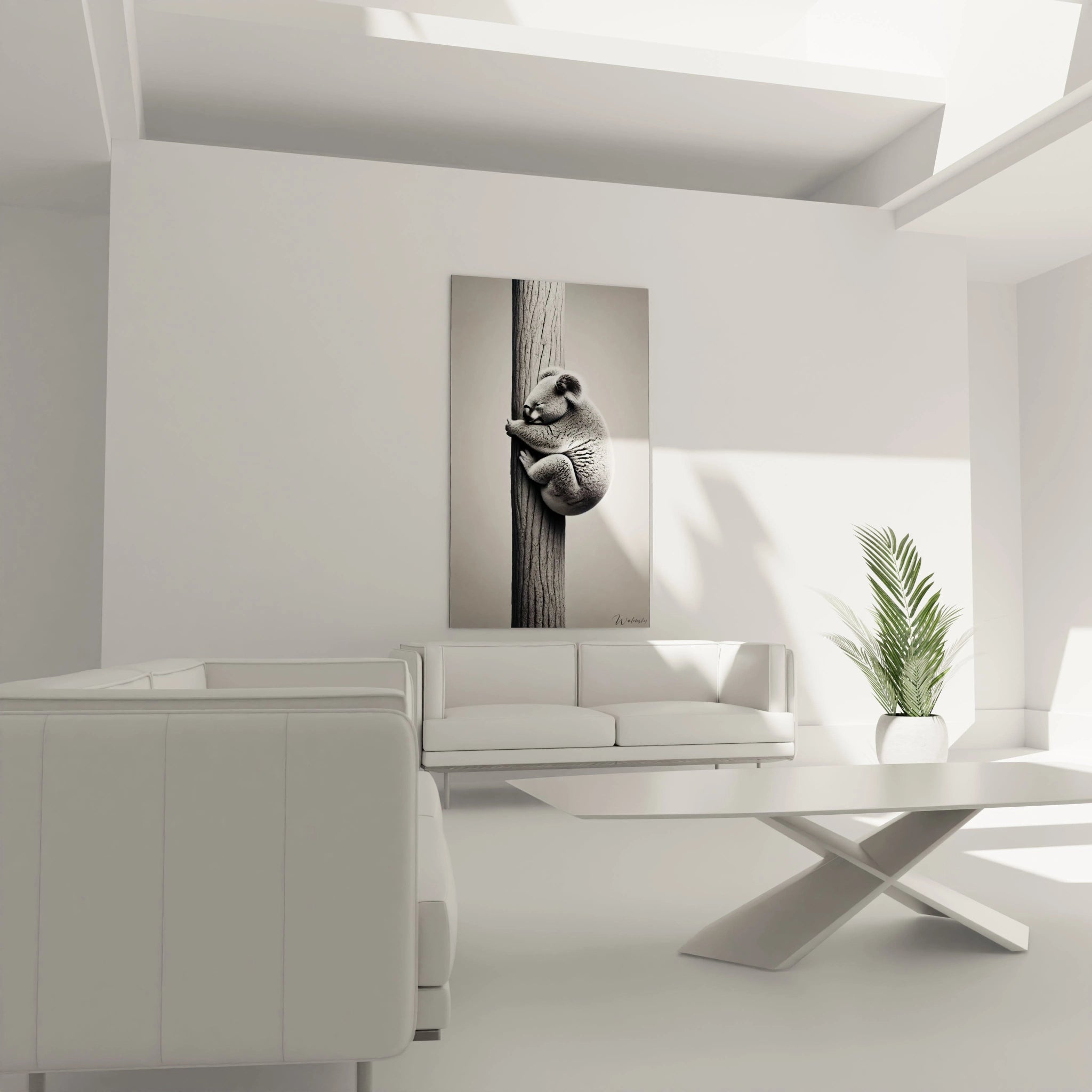 Le tableau koala suspendu au-dessus de votre canapé crée une ambiance relaxante dans votre salon. Sa texture réaliste et ses couleurs neutres apportent une sensation de calme naturel.