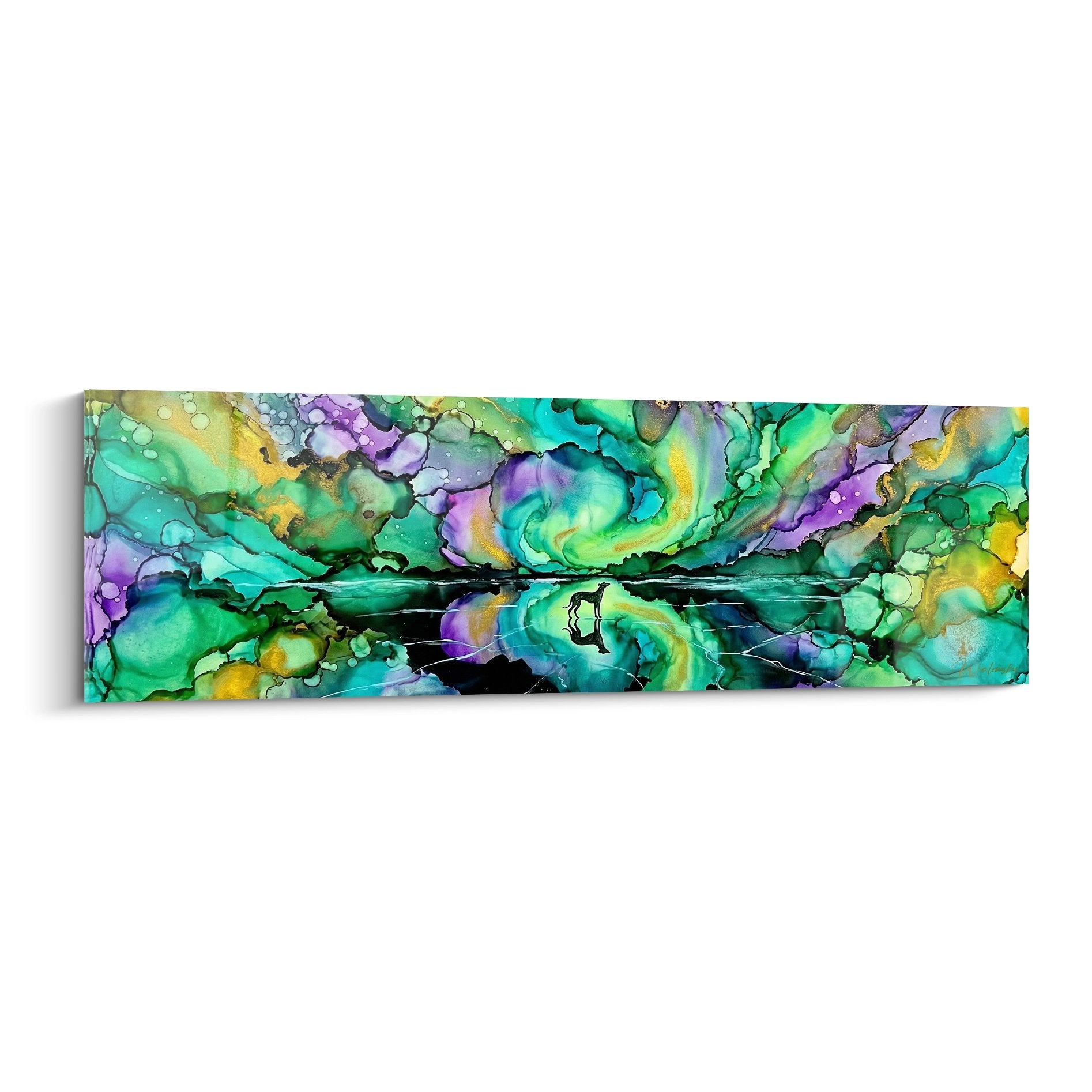 Tableau moderne représentant silhouette de lévrier greyhound sur fond abstrait turquoise et violet avec lignes noires dynamiques