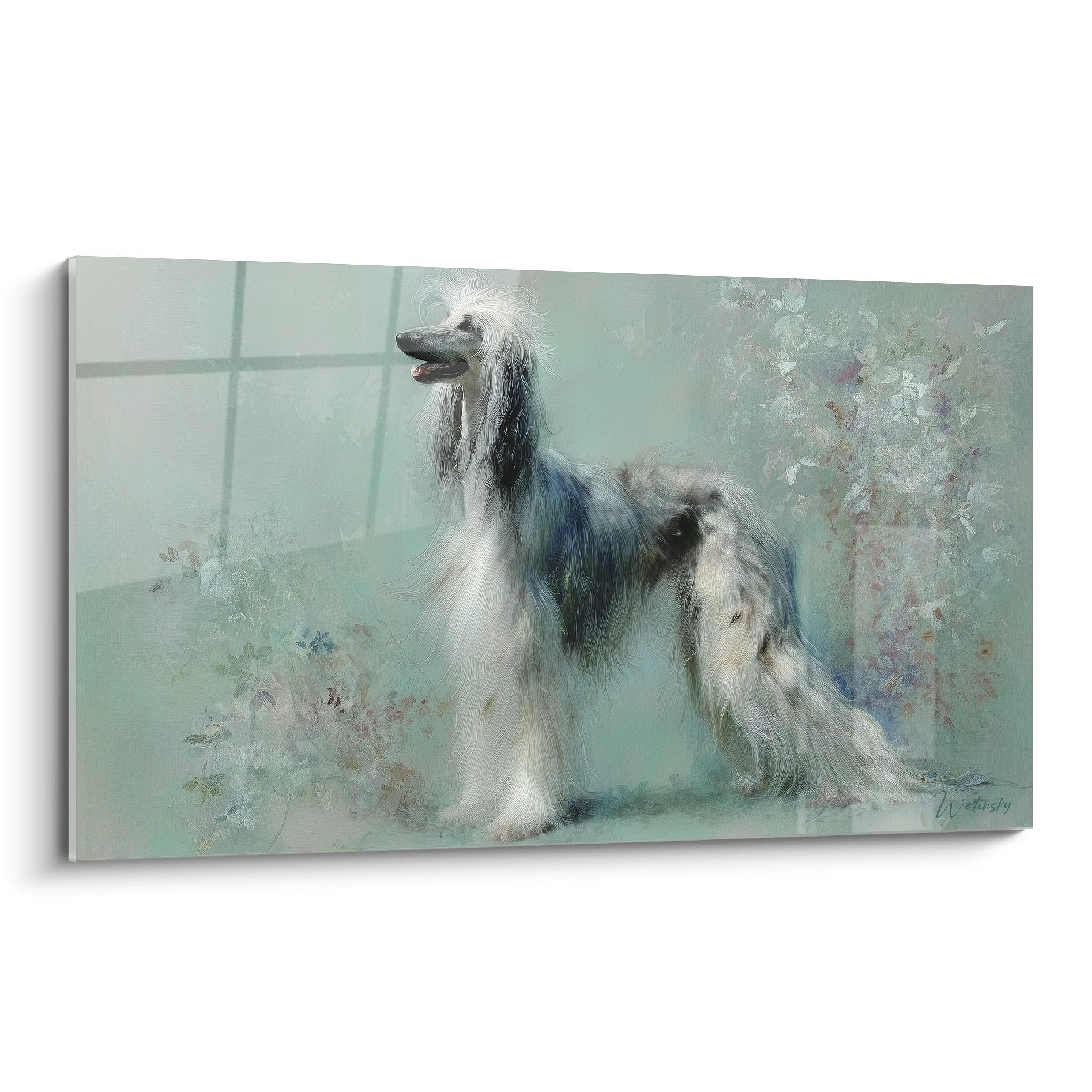 Tableau lévrier afghan blanc et gris dans décor fleuri tons vert d'eau, style pictural vaporeux élégant