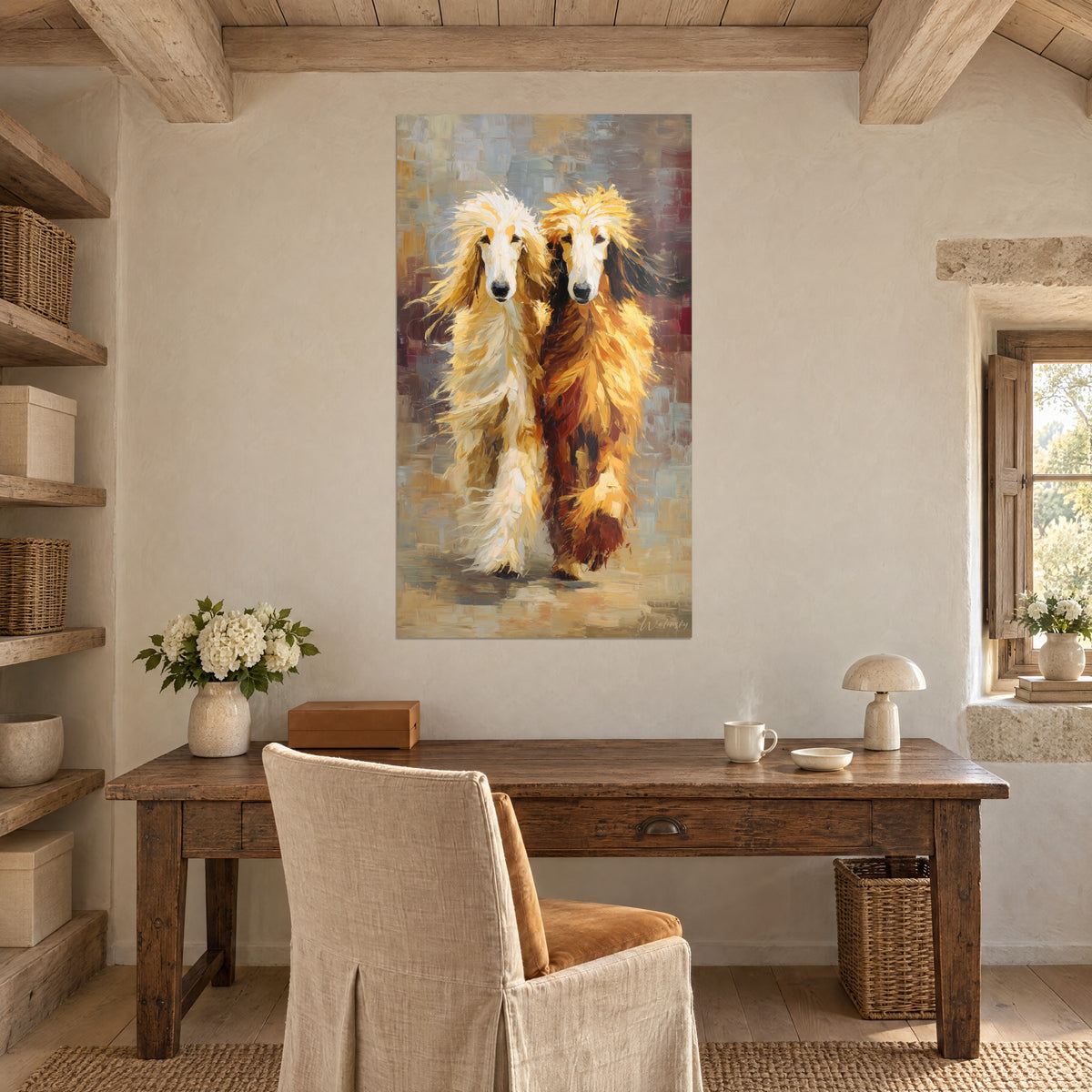 Quadro Ritratto di due levrieri che camminano fianco a fianco, pelo ocra e bianco, sopra una scrivania in legno massello