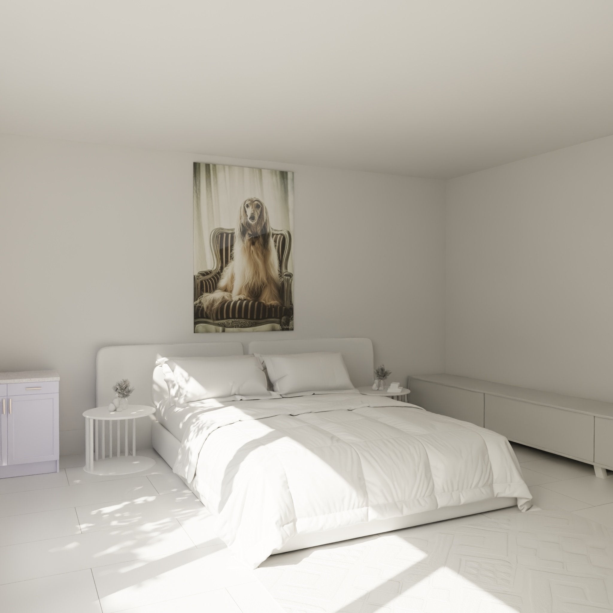 Tableau lévrier afghan noble dans chambre cosy avec décoration beige et ambiance feutrée raffinée