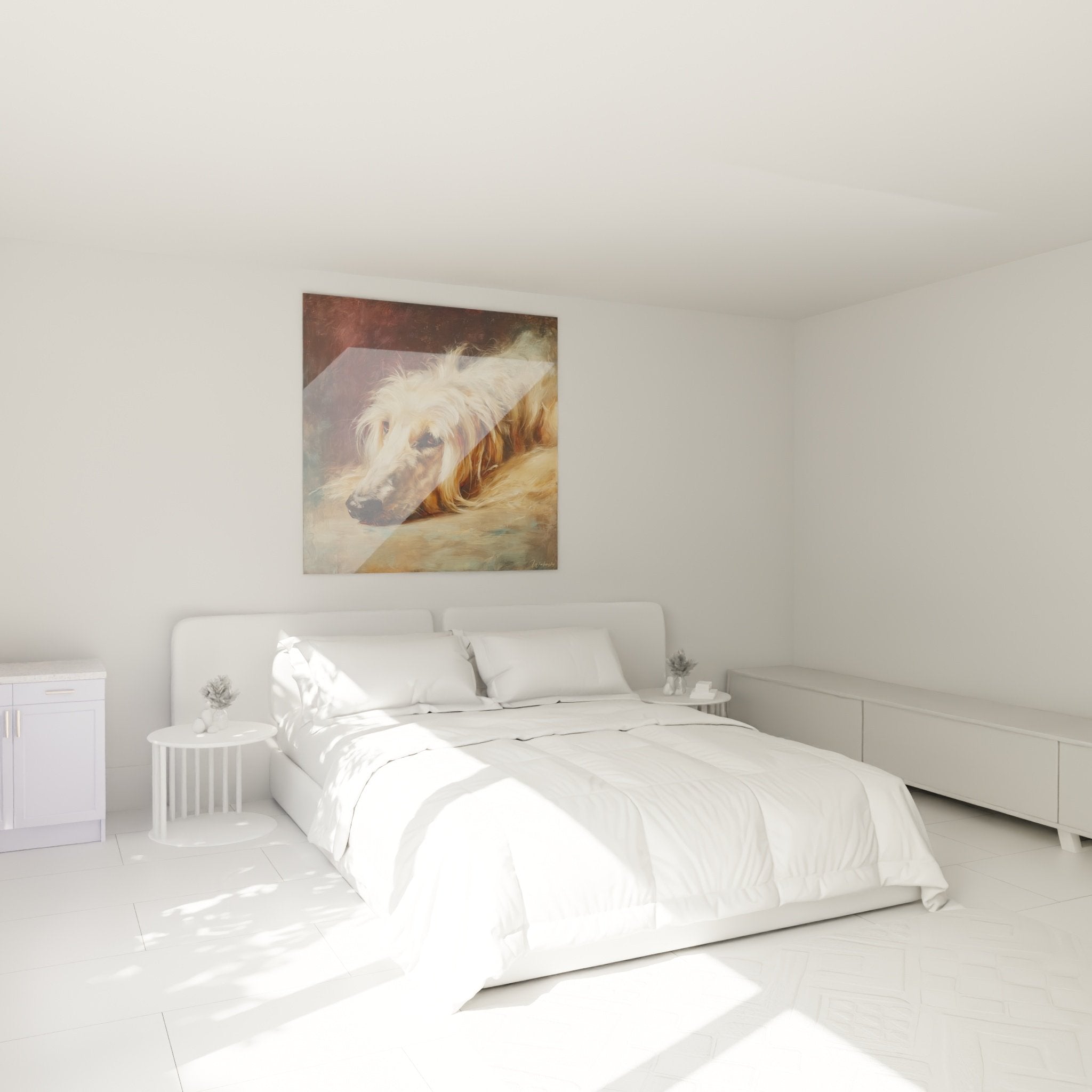 Tableau lévrier afghan aux tons dorés exposé dans chambre moderne aux murs beiges