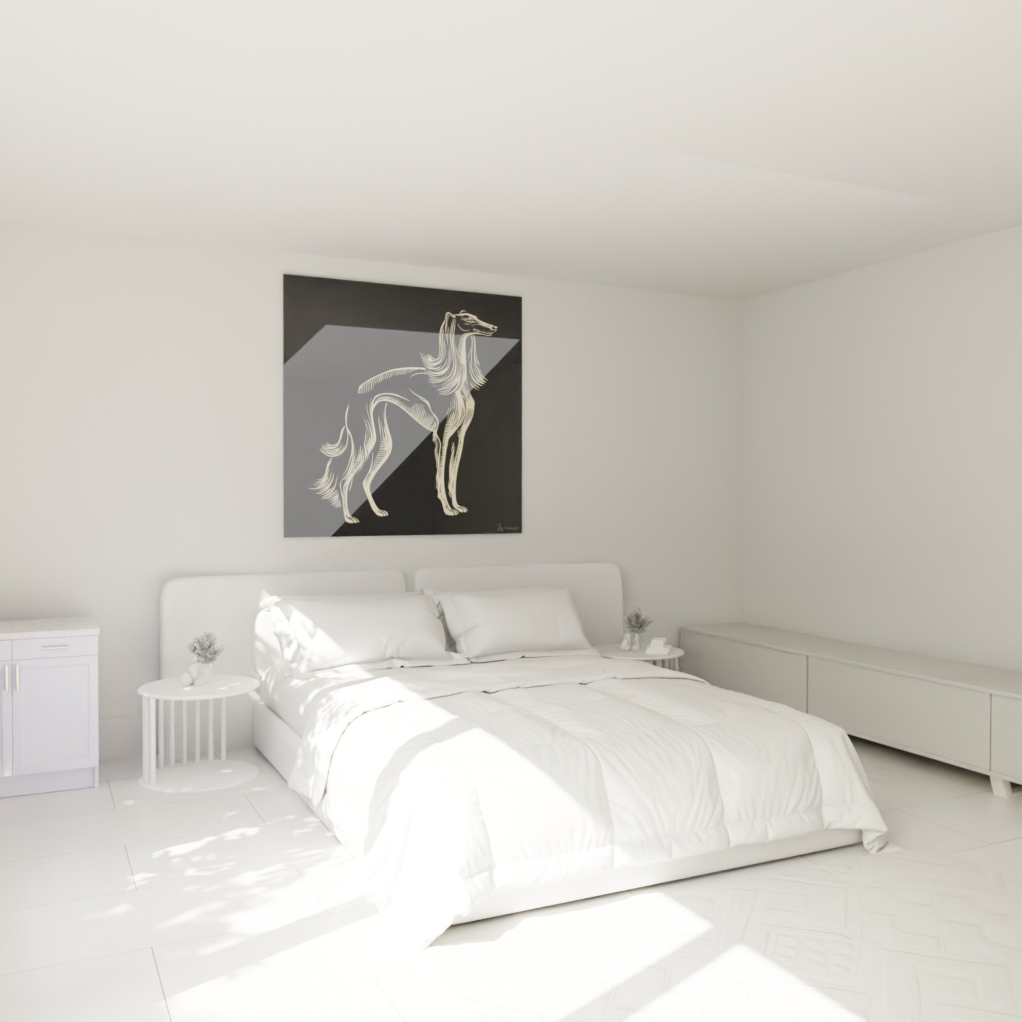 Tableau lévrier afghan noir et or installé dans chambre moderne aux tons neutres