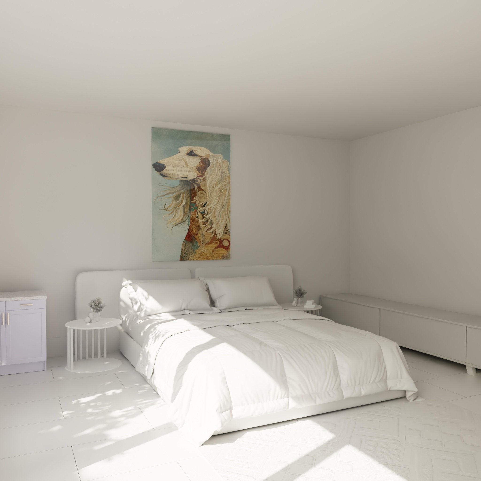 Tableau lévrier afghan décoratif avec partitions musicales dans chambre aux tons neutres