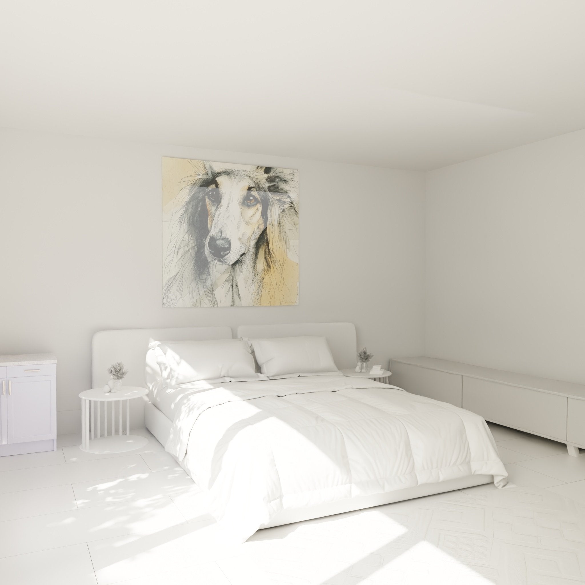 Tableau portrait levrier afghan dans chambre moderne, decoration murale tons beiges et naturels