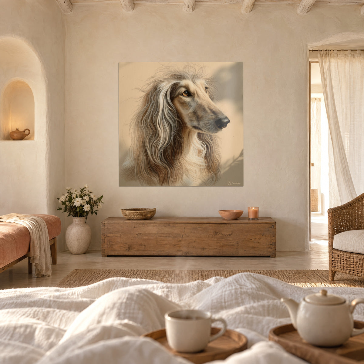 Cuadro galgo de melena dorada y gris, perfil orgulloso sobre fondo arena, encima de una cama en un dormitorio claro