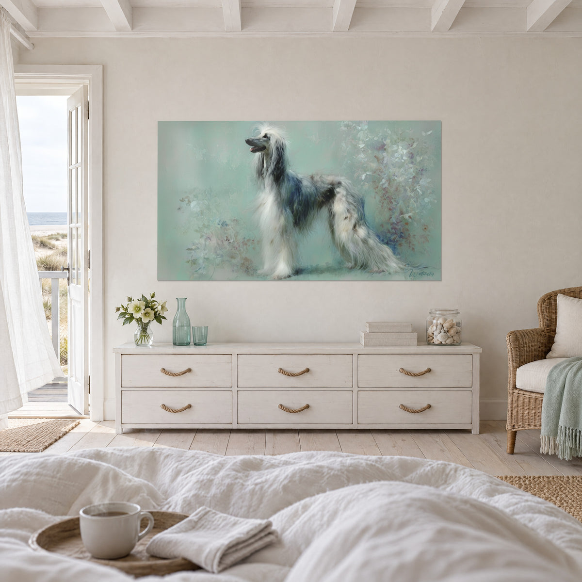 Wall art of a large long-haired dog with a slender muzzle and silky white and grey ears, mint-green background, above a bed in a light bedroom