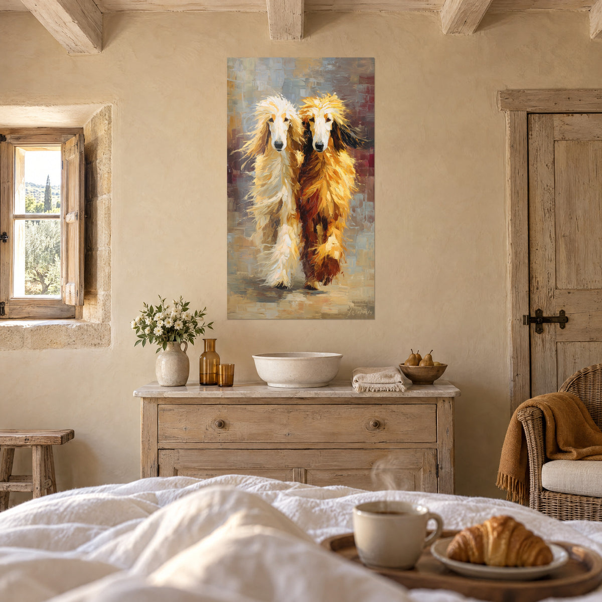 Quadro Due cani dal pelo dorato fluente, macchie bordeaux e avorio, sopra un letto in una camera luminosa
