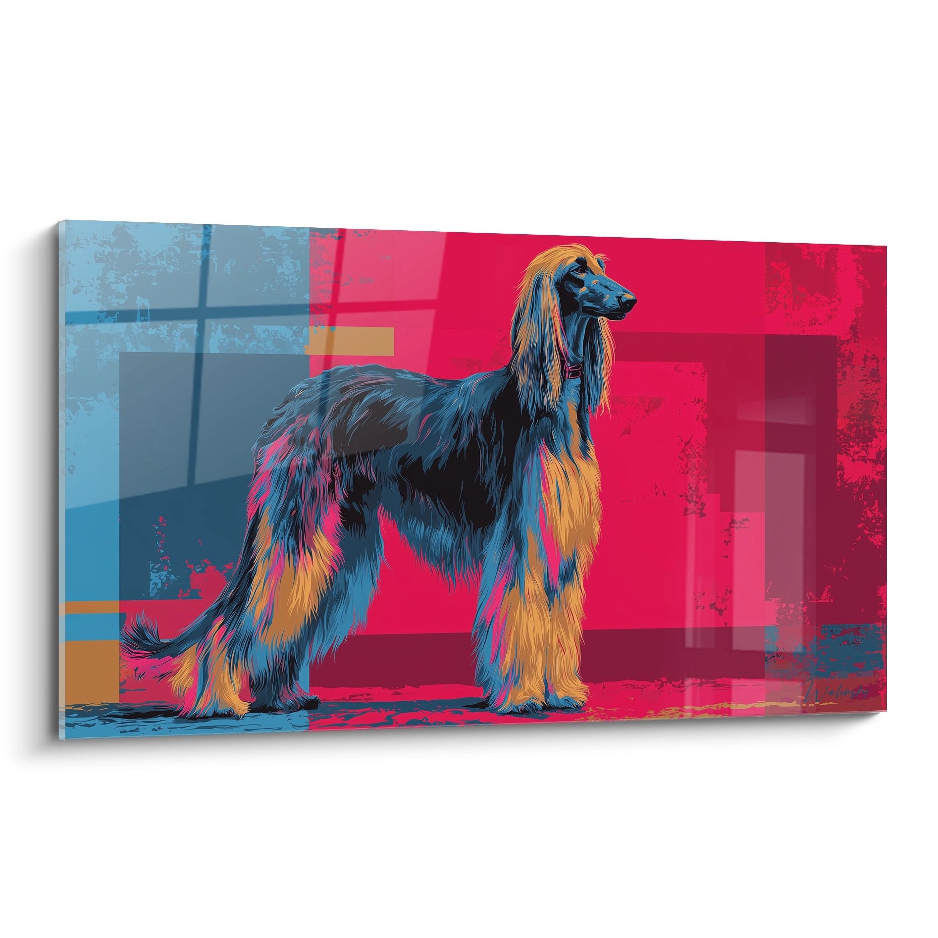 Tableau contemporain Lévrier Afghan aux tons bleus rouges et dorés sur fond géométrique abstrait coloré