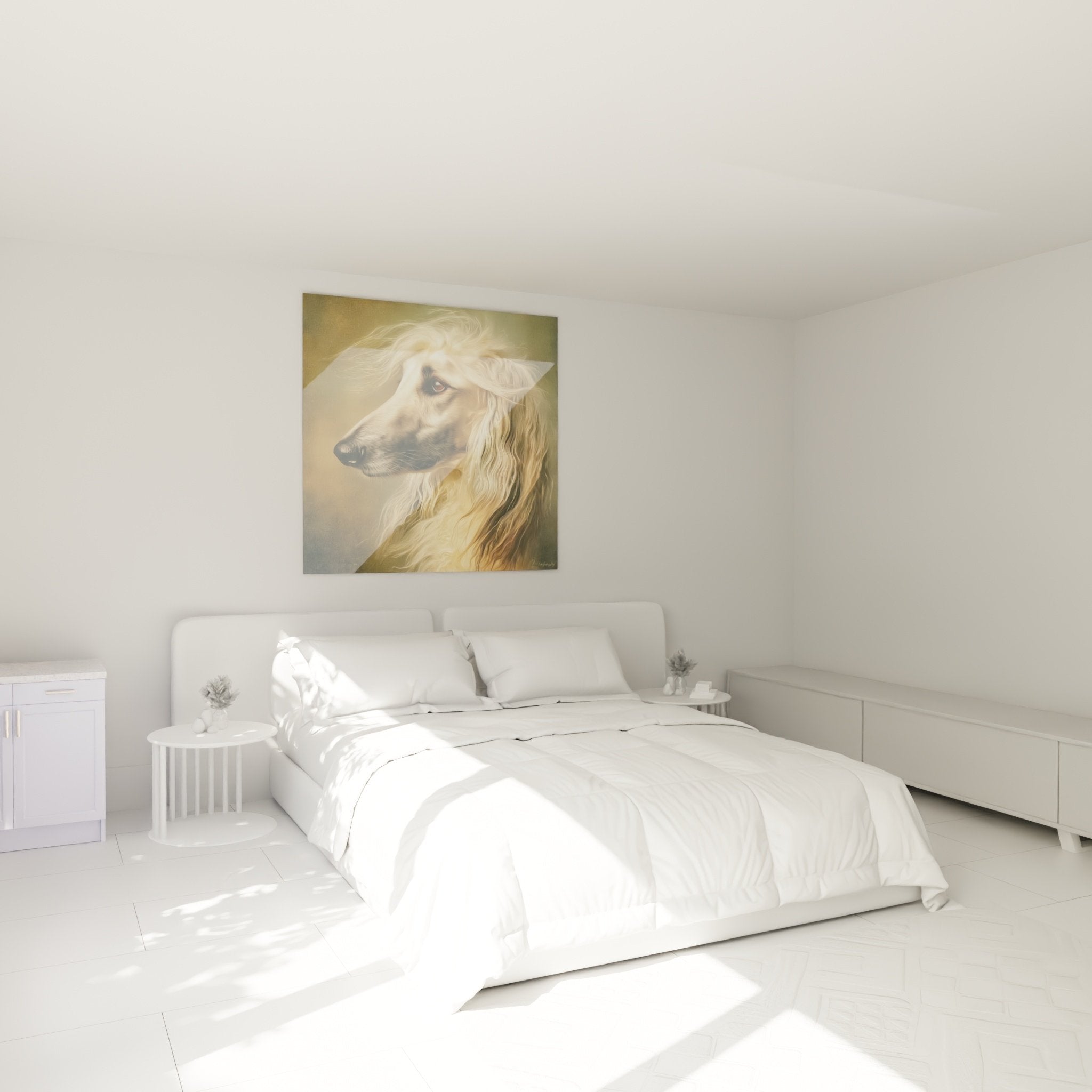 Tableau levrier afghan poils dores accroche au mur chambre decoration murale art animalier portrait chien