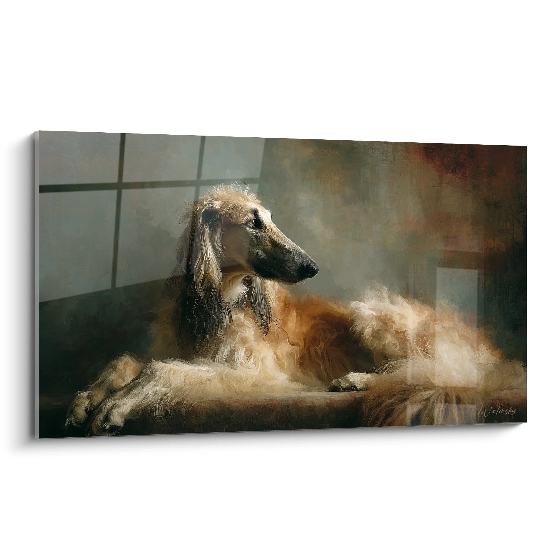 Tableau lévrier afghan doré dans pose contemplative regardant vers fenêtre, tons beiges et crème, style portrait classique