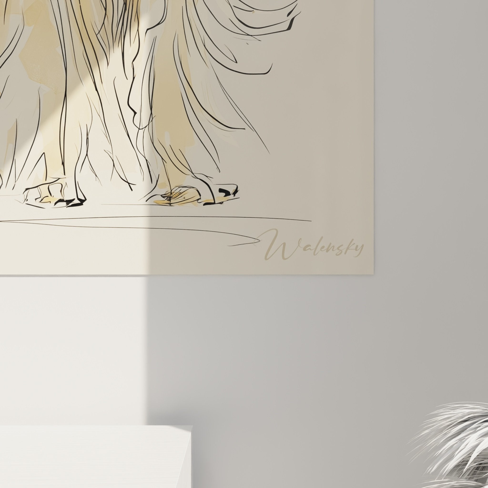 Vue d'ensemble du tableau Lévrier Afghan majestueux dans un intérieur contemporain aux murs clairs