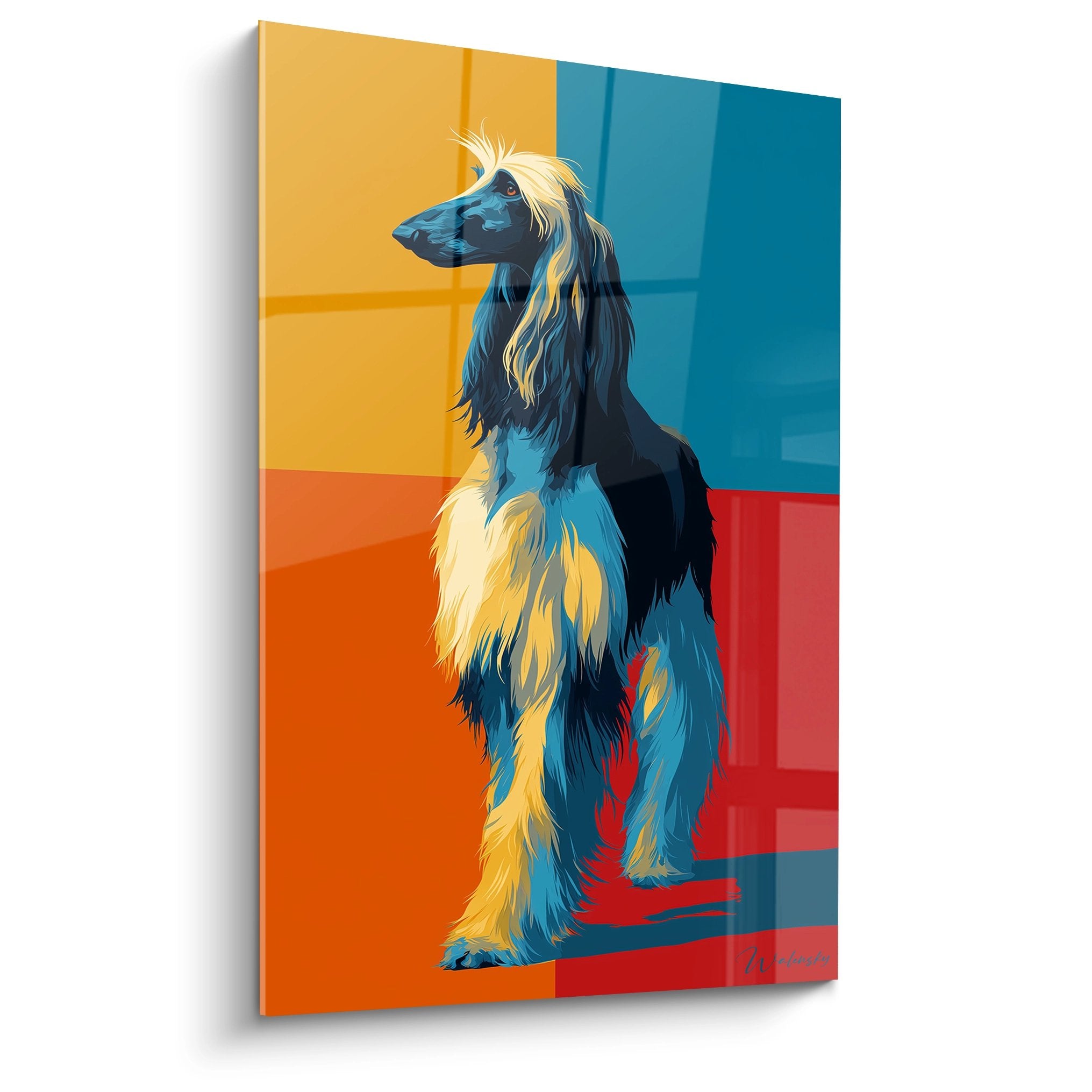 Portrait levrier afghan style geometrique couleurs vives bleu orange jaune tableau moderne