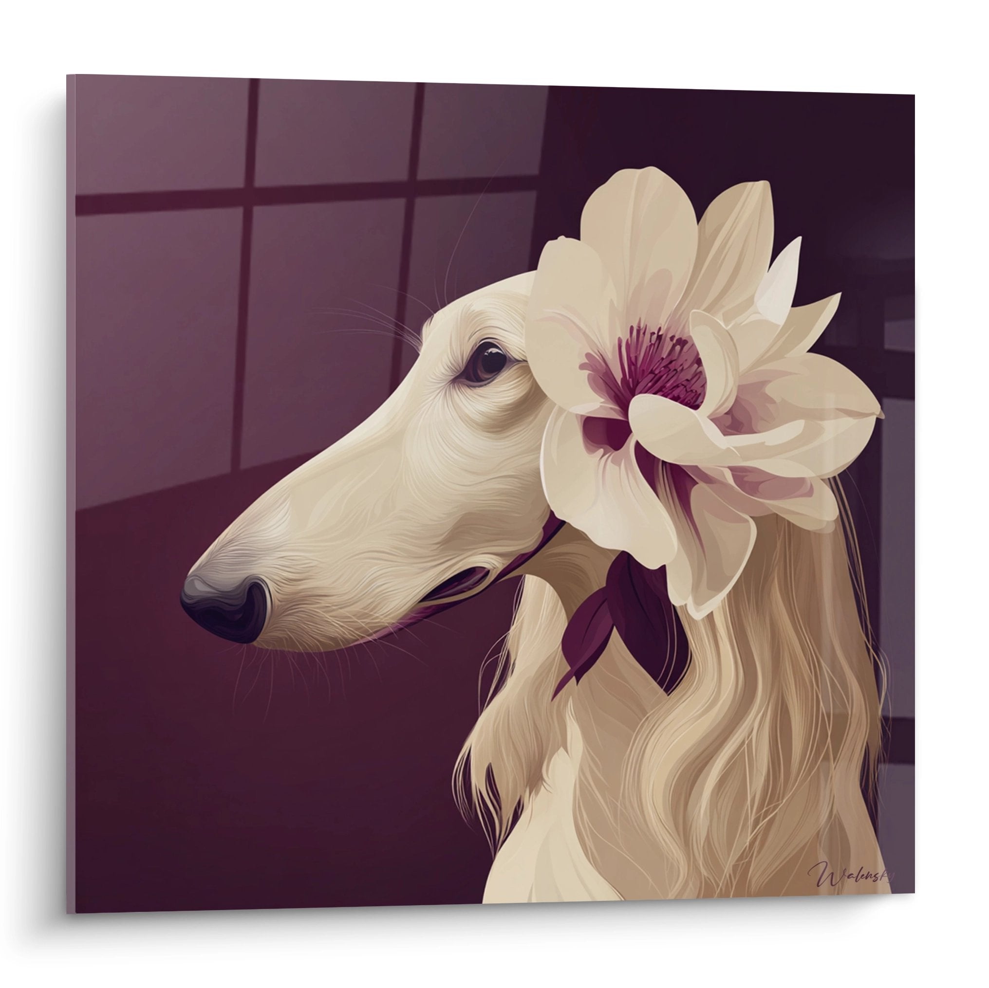Tableau portrait lévrier afghan blond avec magnolia blanche sur fond bordeaux, style artistique élégant