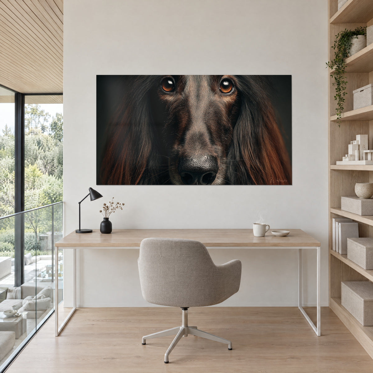 Cuadro hocico de galgo con nariz negra agrietada y mirada ámbar, flequillo caoba, pared blanca sobre un escritorio de madera clara y un sillón gris