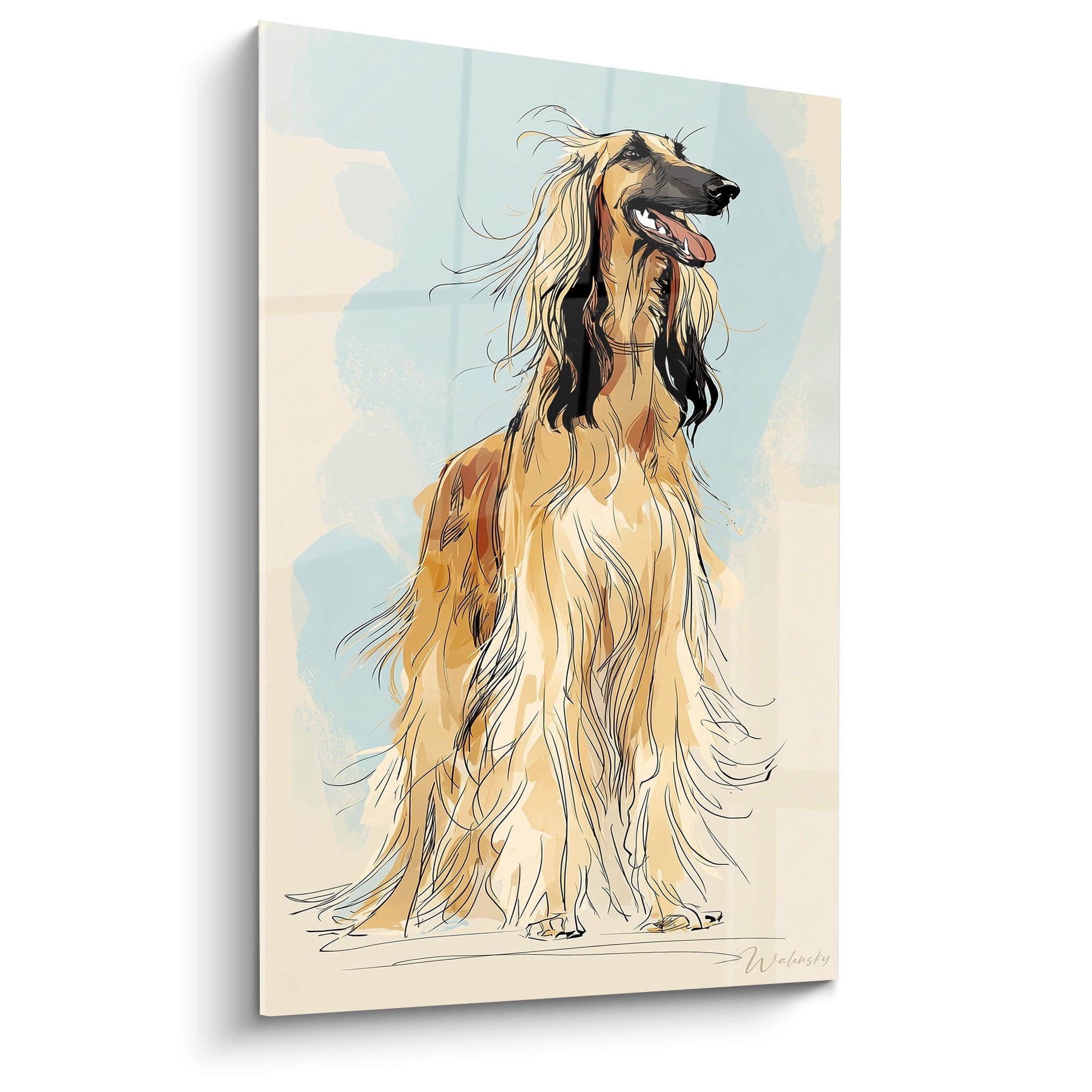 Tableau portrait Lévrier Afghan au pelage doré ondoyant sur fond bleu pastel, style artistique élégant