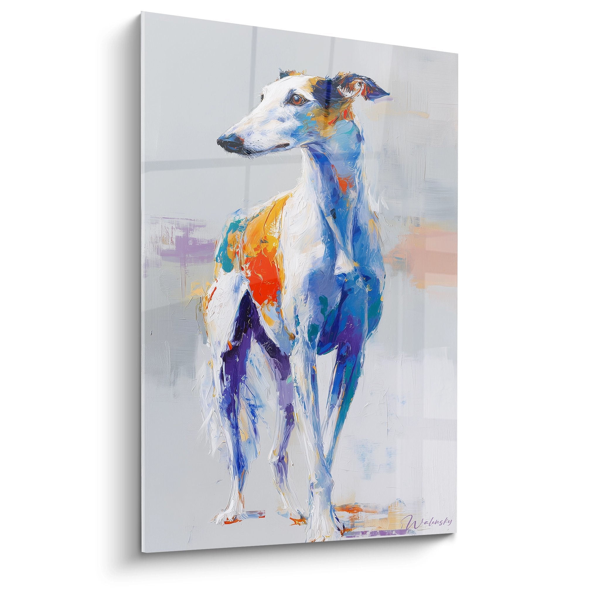 Tableau moderne d'un lévrier barzoi aux couleurs vives bleu orange sur fond gris, style expressionniste contemporain