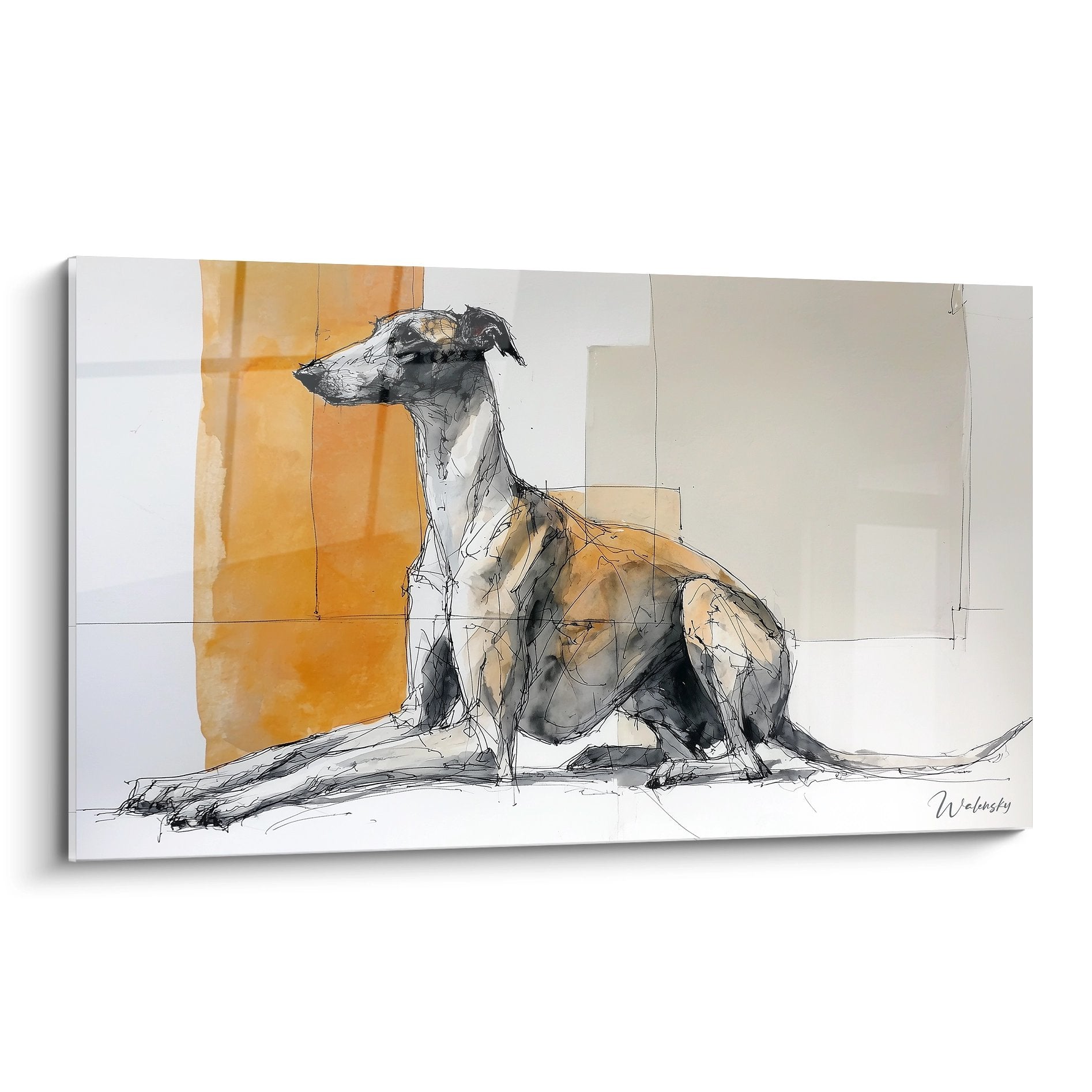 Tableau esquisse aquarelle lévrier Barzoi assis profil tons ocre gris orange art contemporain animalier