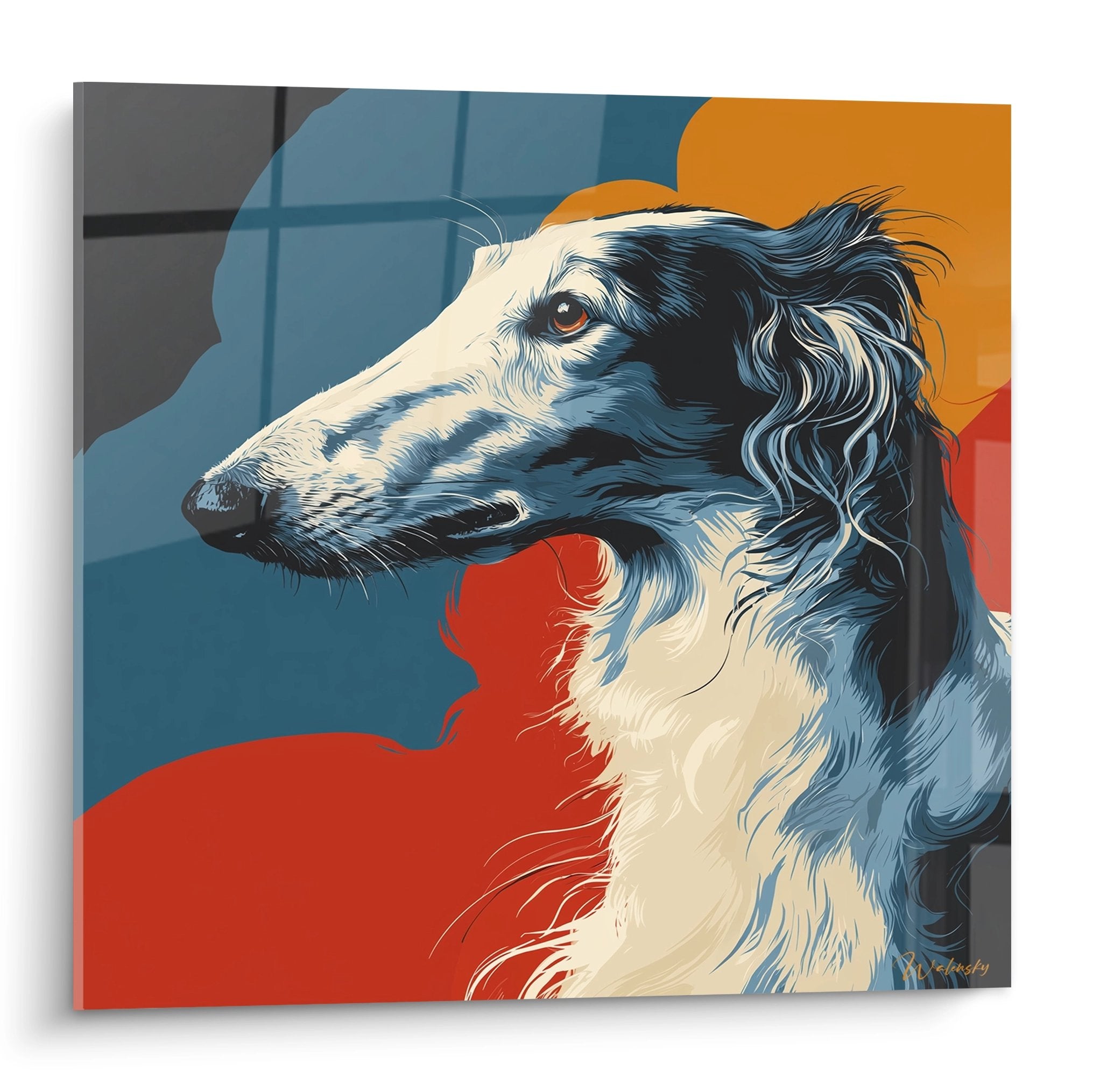 Portrait artistique de lévrier barzoi de profil sur fond géométrique orange et bleu, style contemporain
