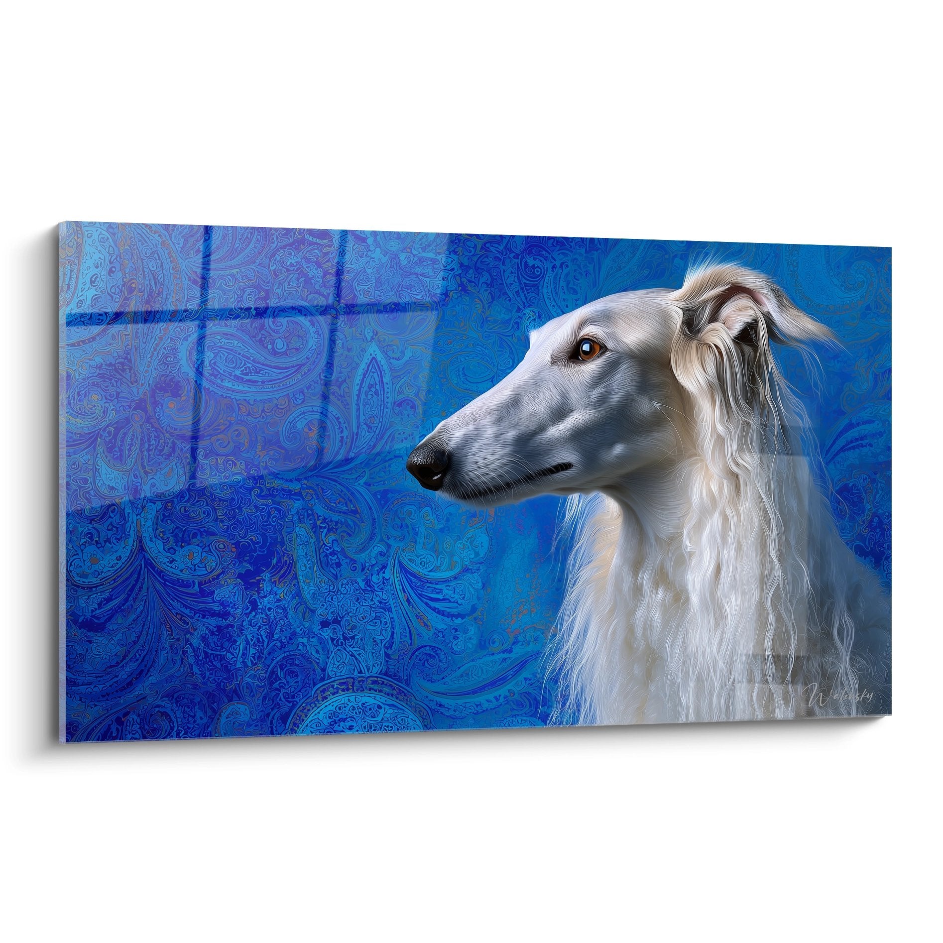 Portrait de lévrier blanc sur fond bleu orné de motifs paisley orientaux dans un style artistique contemporain