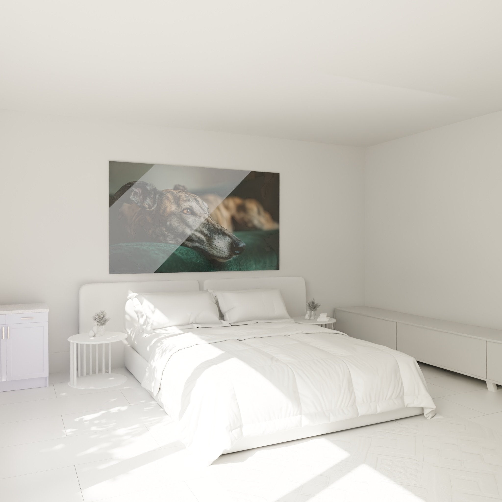 Tableau lévrier au repos dans chambre moderne, décoration murale apaisante tons turquoise