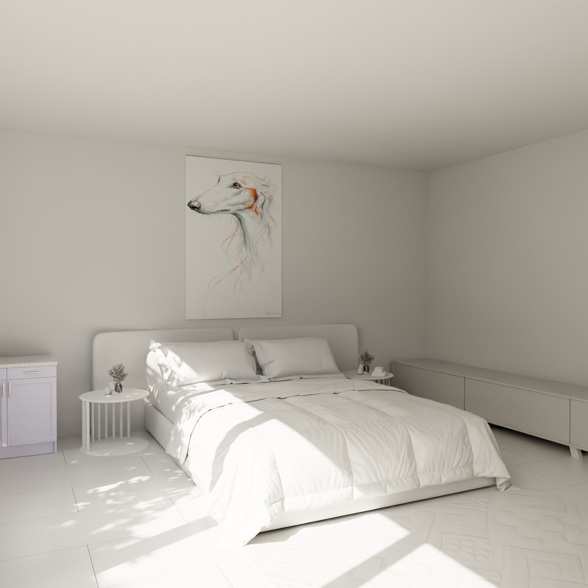 Tableau portrait lévrier blanc dans chambre moderne, art animalier raffiné pour décoration contemporaine