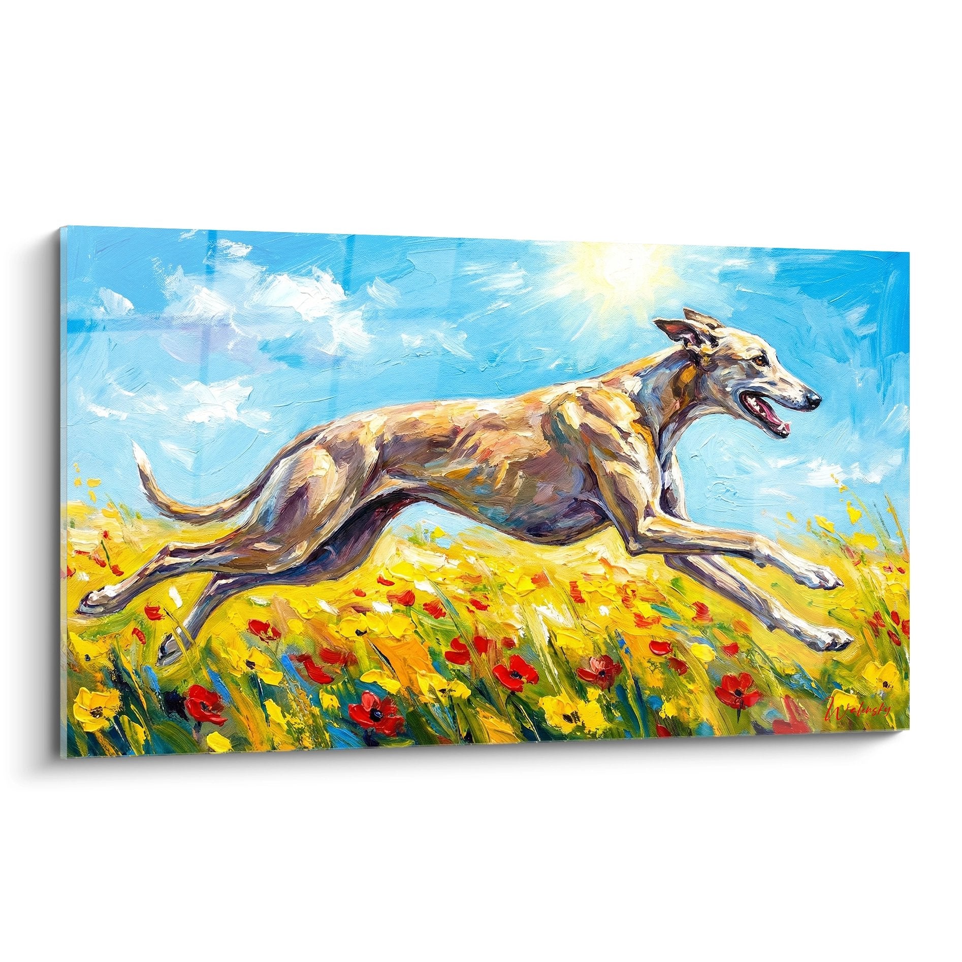 Tableau levrier greyhound course champ fleurs jaunes coquelicots rouges ciel bleu peinture dynamique