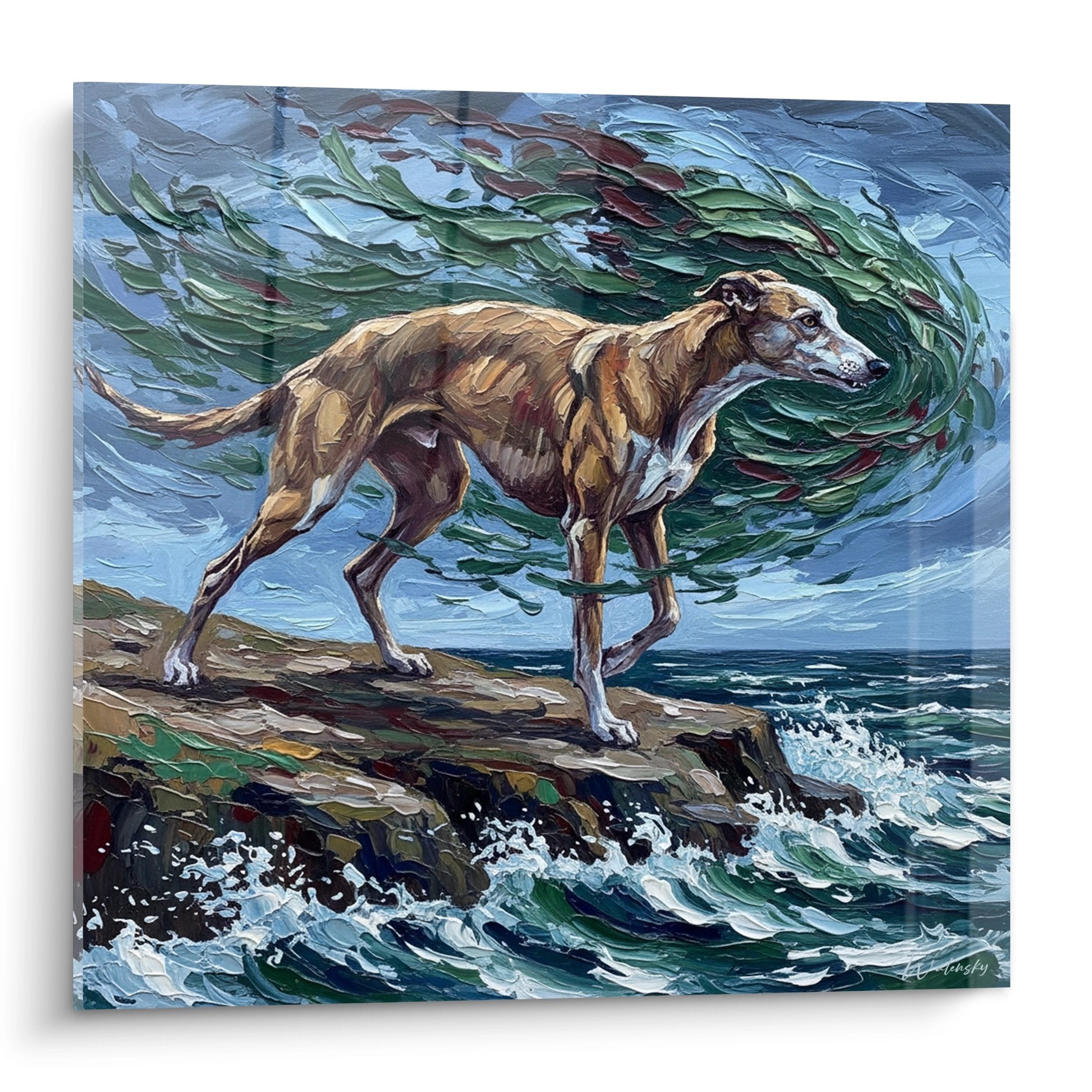 Tableau levrier greyhound brun sur falaise face ocean vagues vertes style expressionniste empâtements