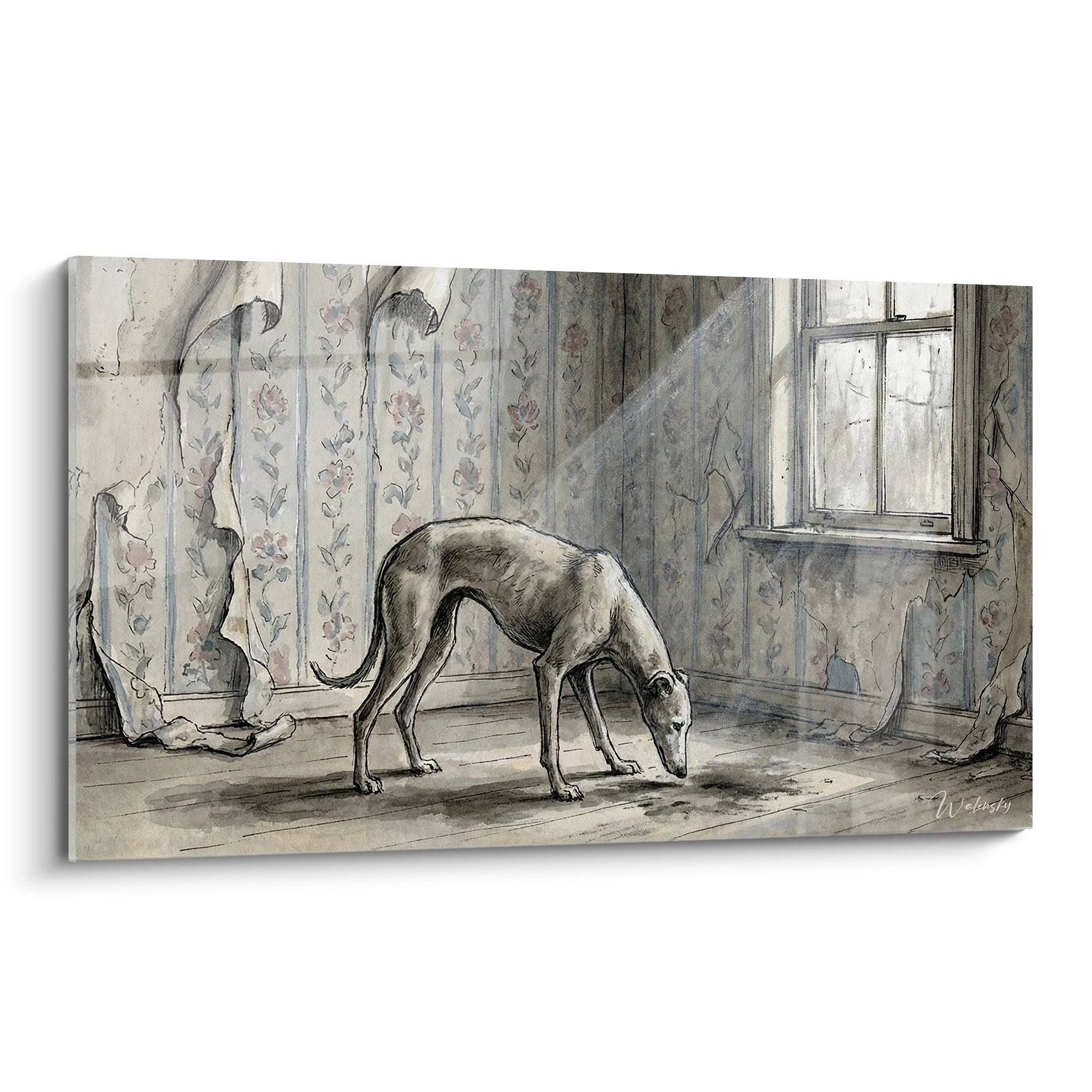 Tableau aquarelle levrier greyhound dans interieur retro aux tons sepia avec papiers peints floraux